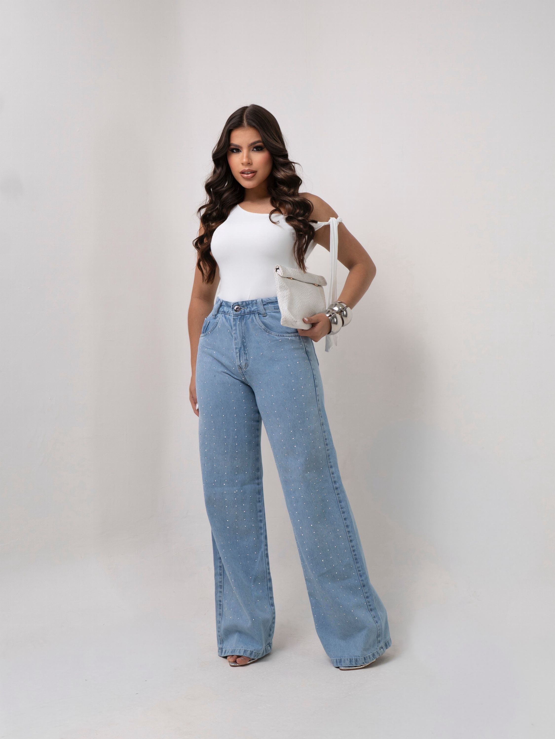 Calça wide leg jeans feminina de strass