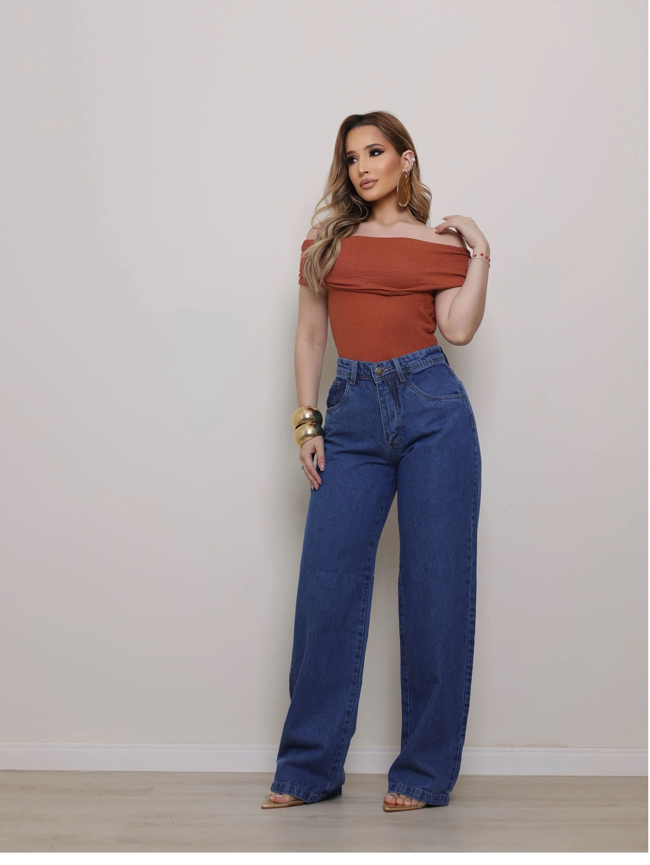 Calça wide leg jeans feminina