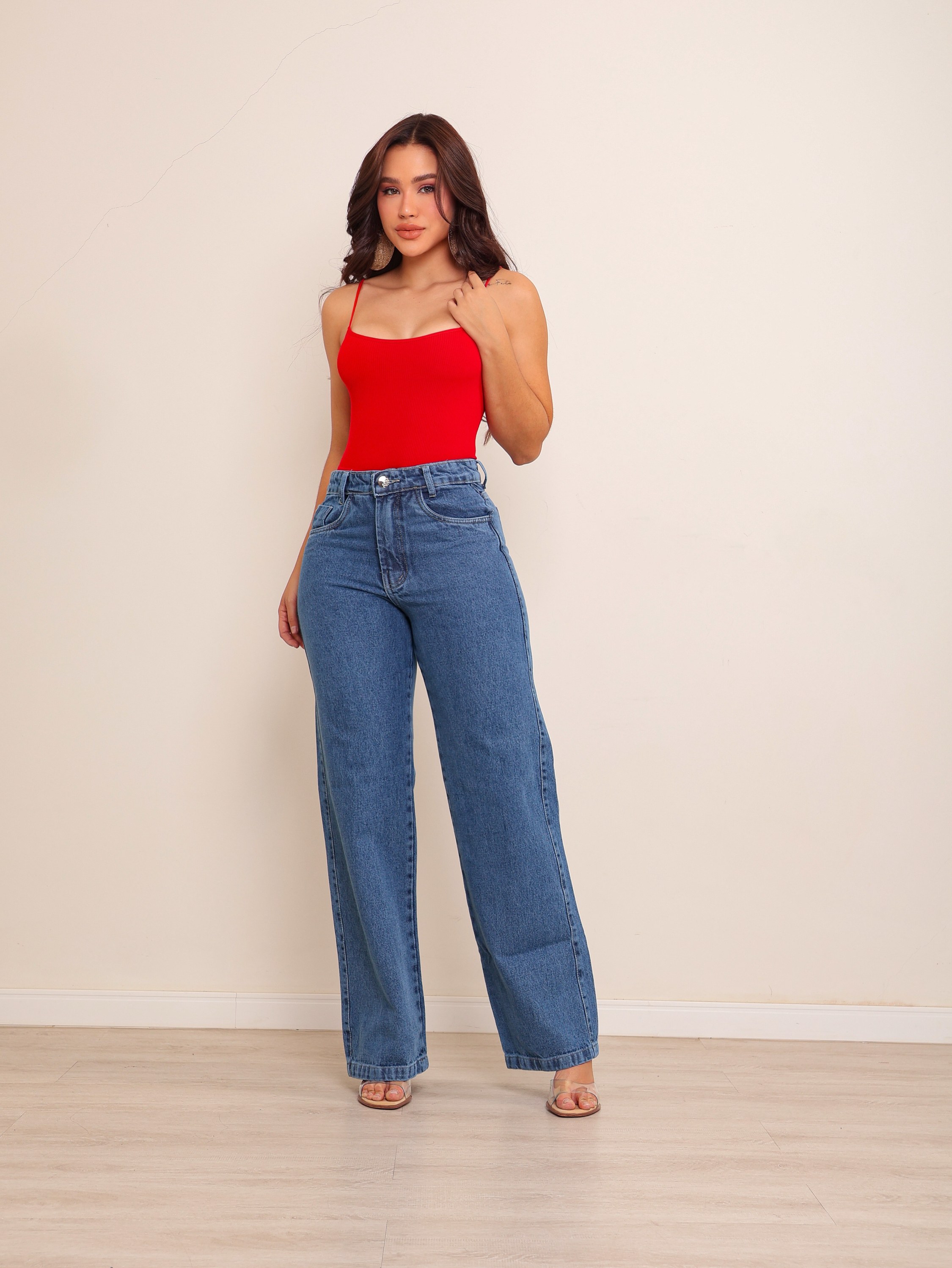 Calça wide leg jeans feminina