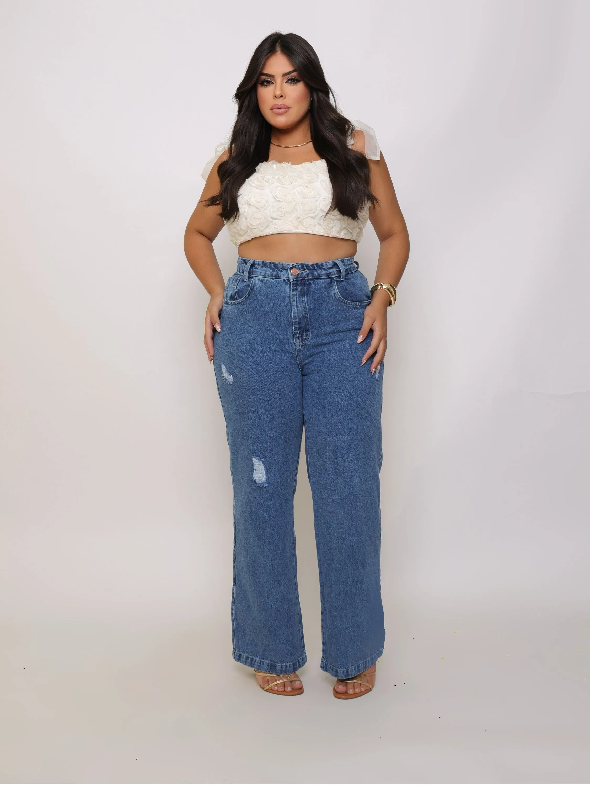 Calça wide leg jeans feminina plus size