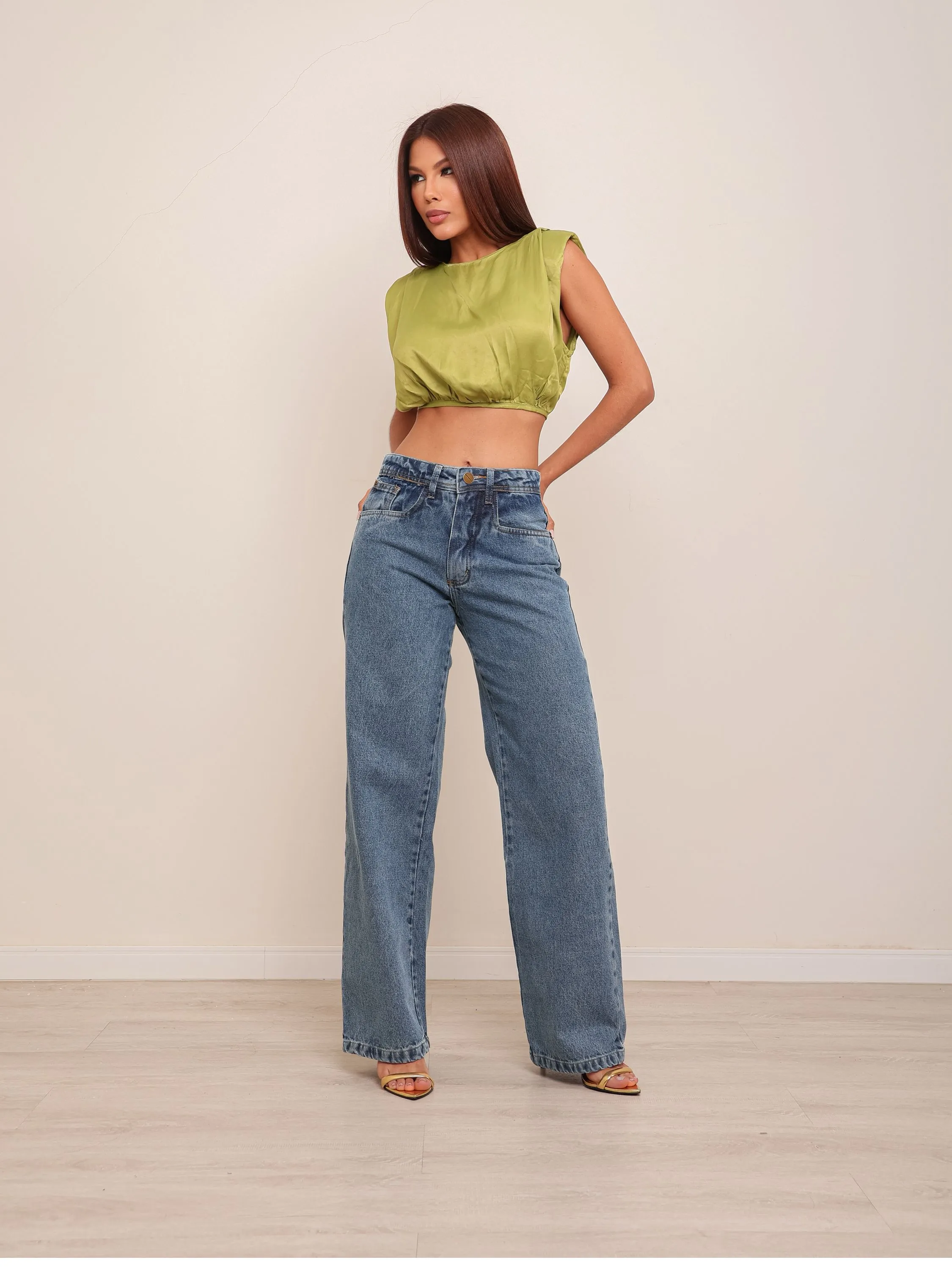Calça wide leg jeans feminina