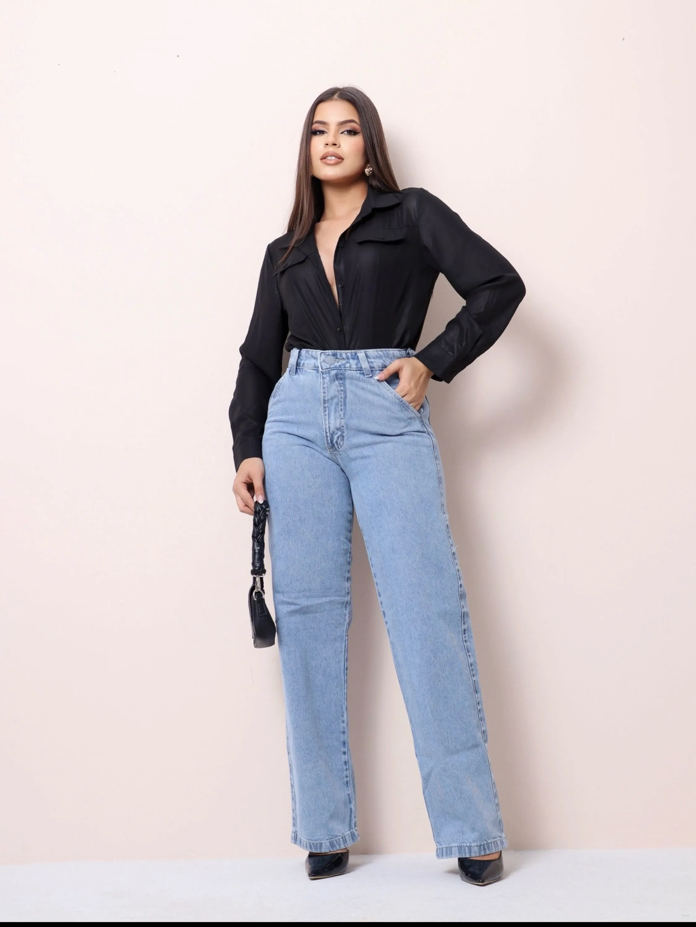 Calça wide leg jeans feminina