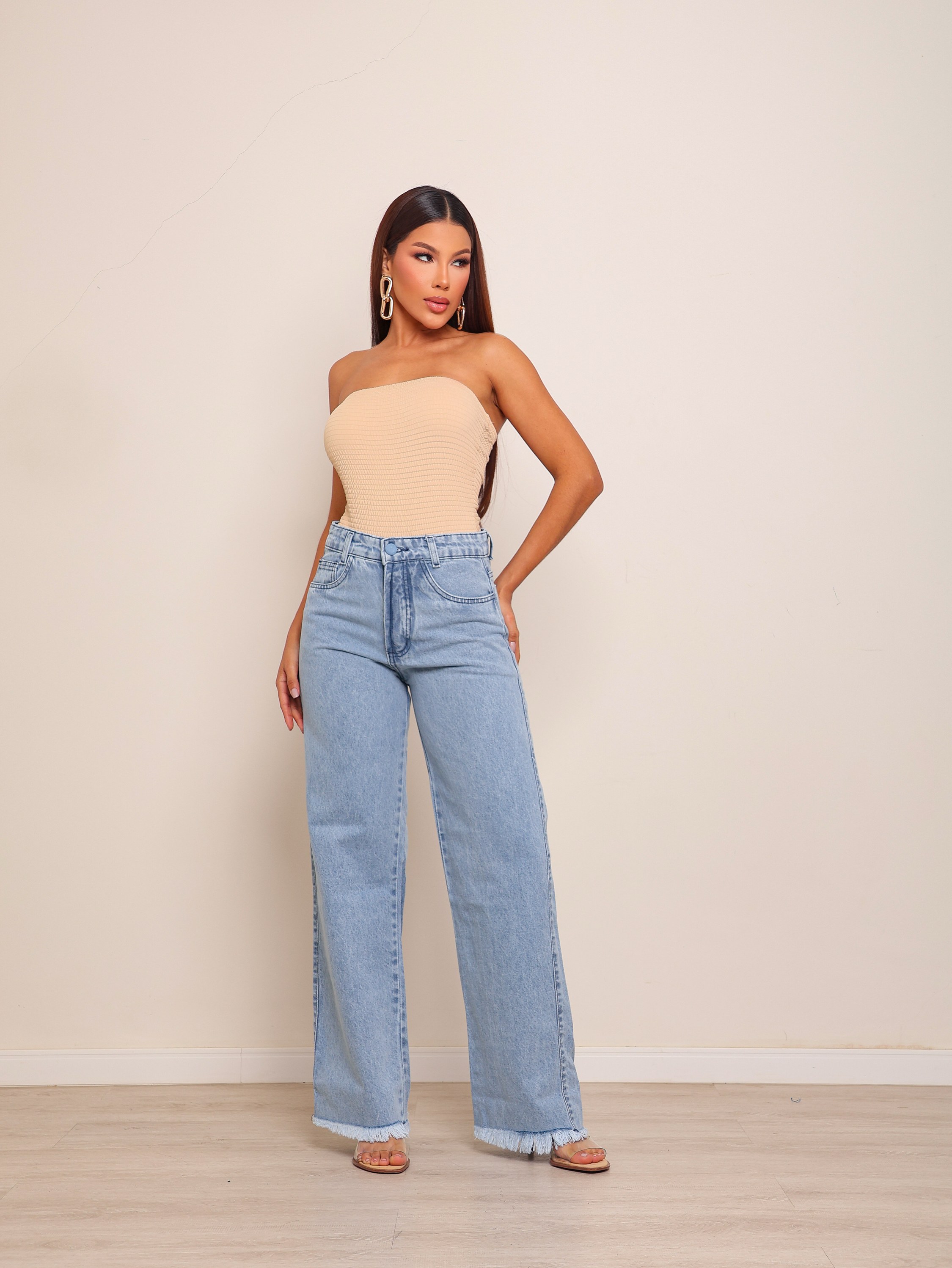 Calça wide leg jeans feminina