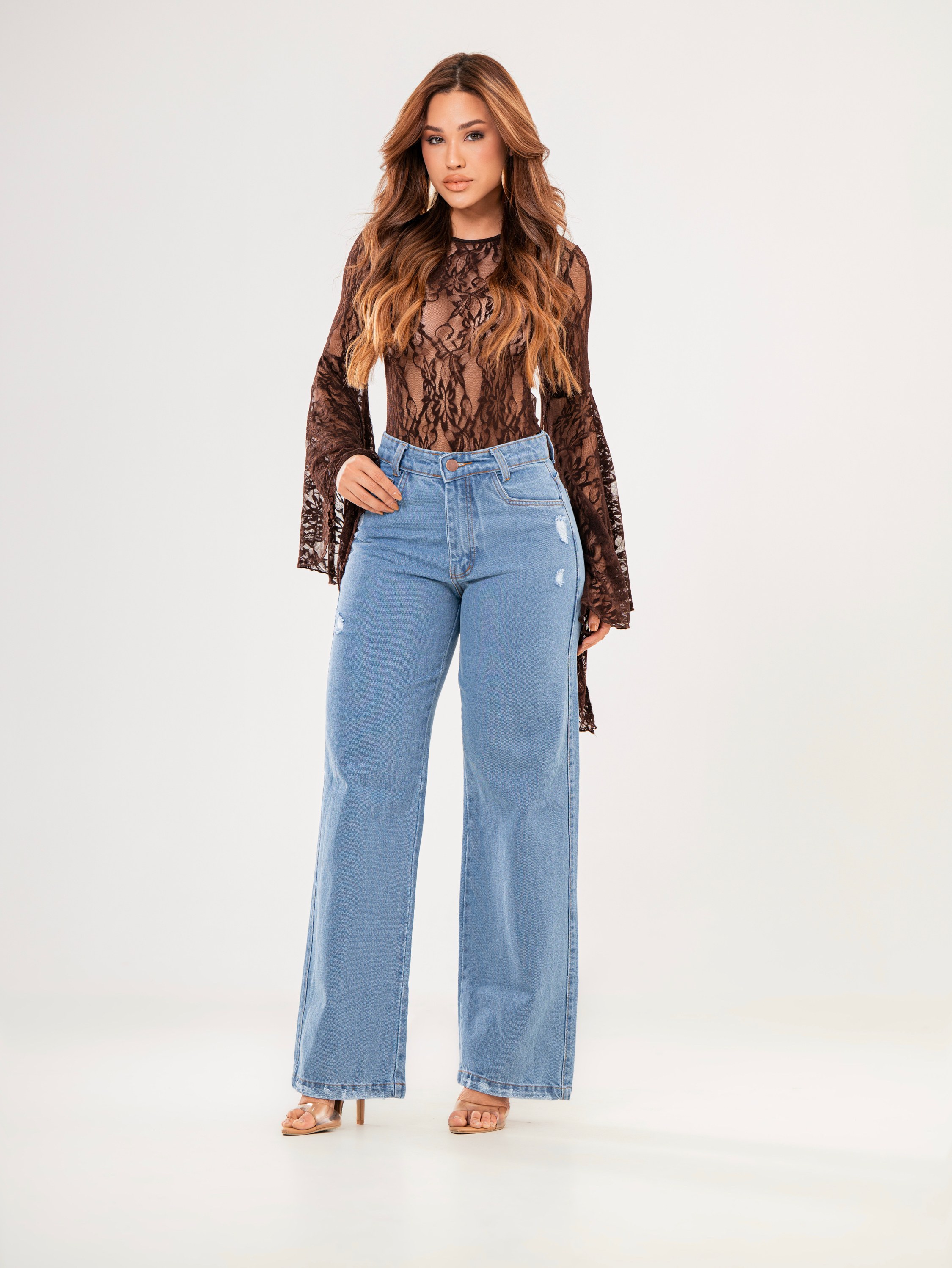 Calça wide leg jeans feminina