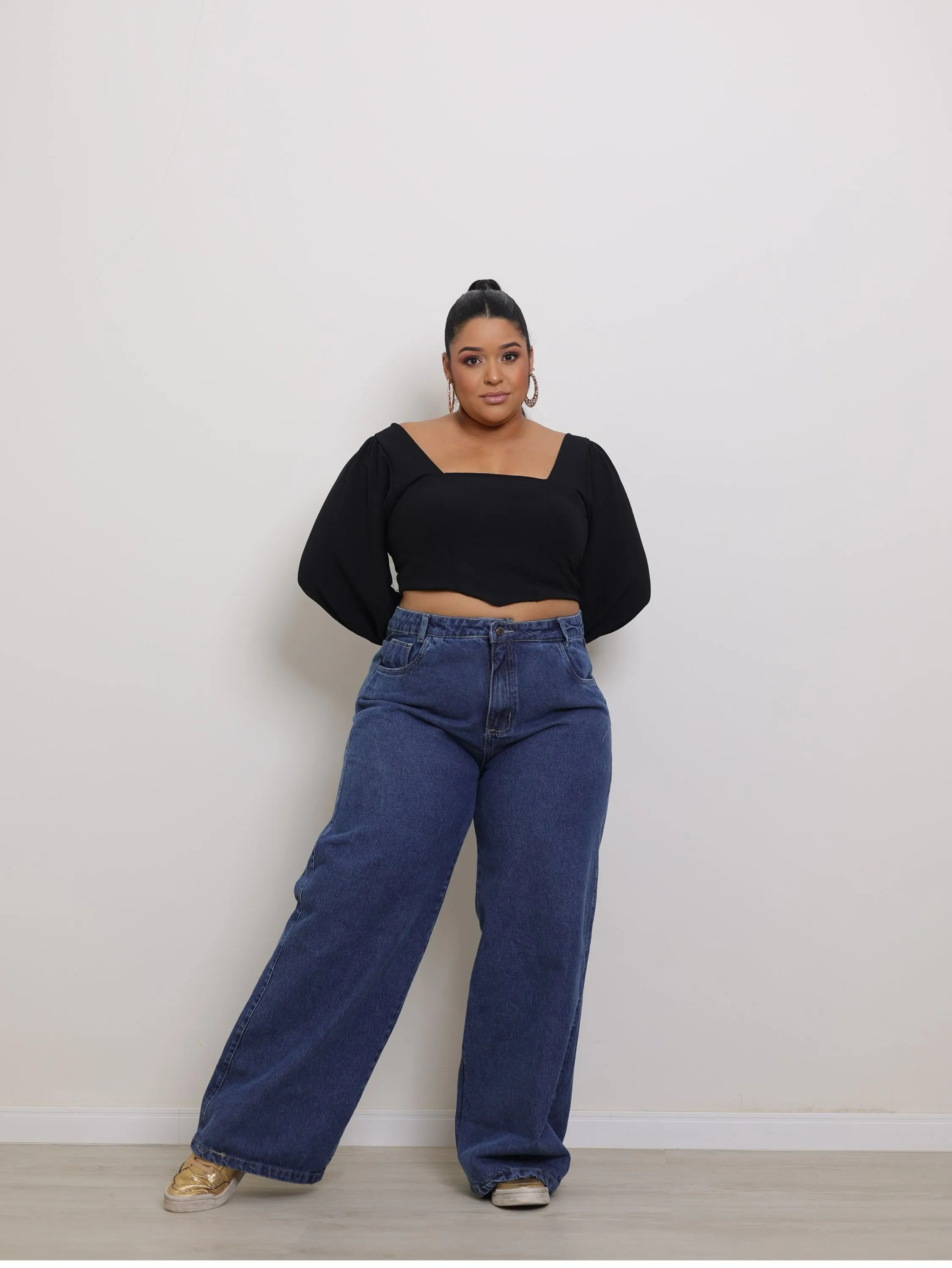 Calça wide leg jeans feminina