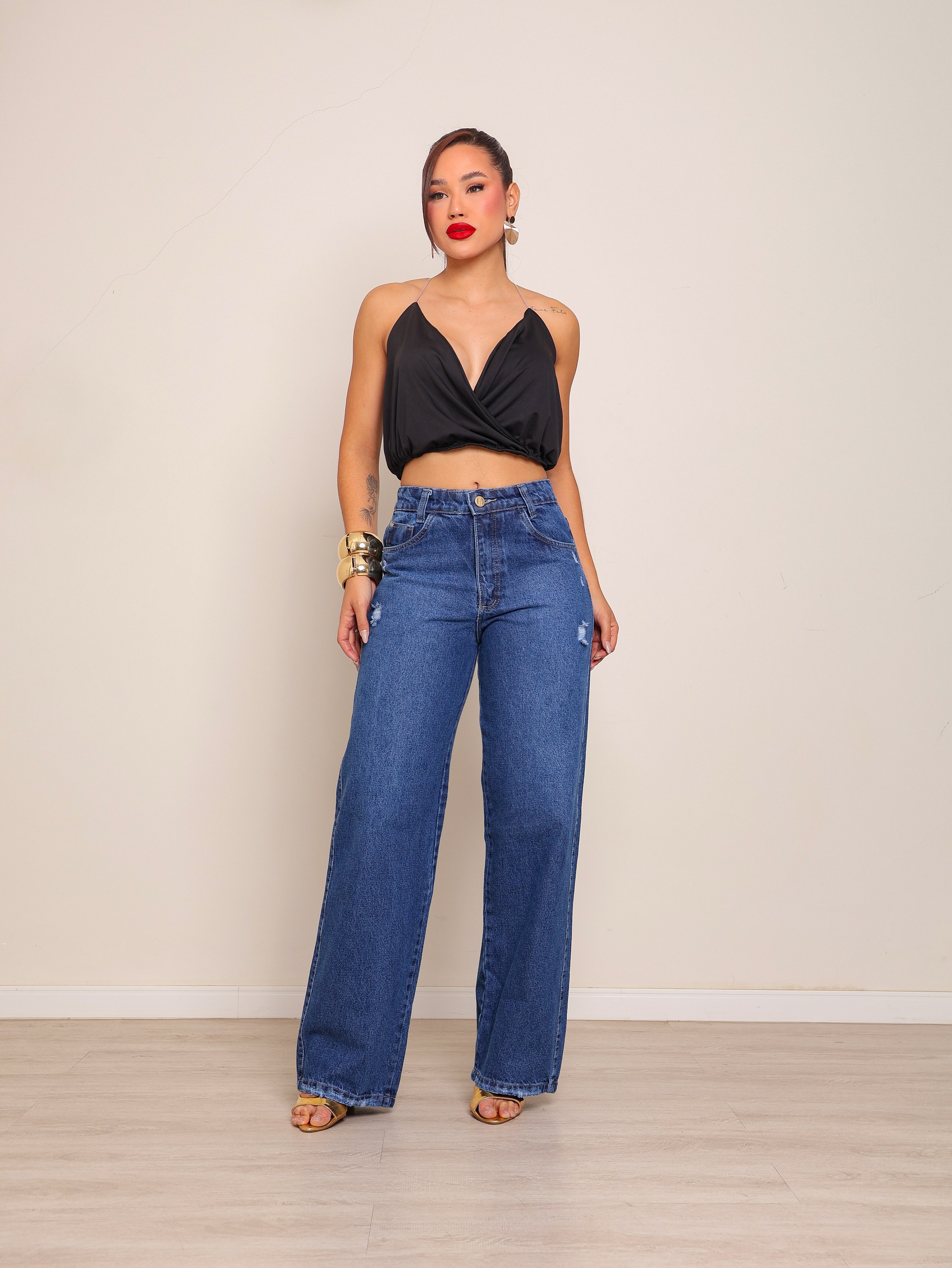 Calça wide leg jeans feminina