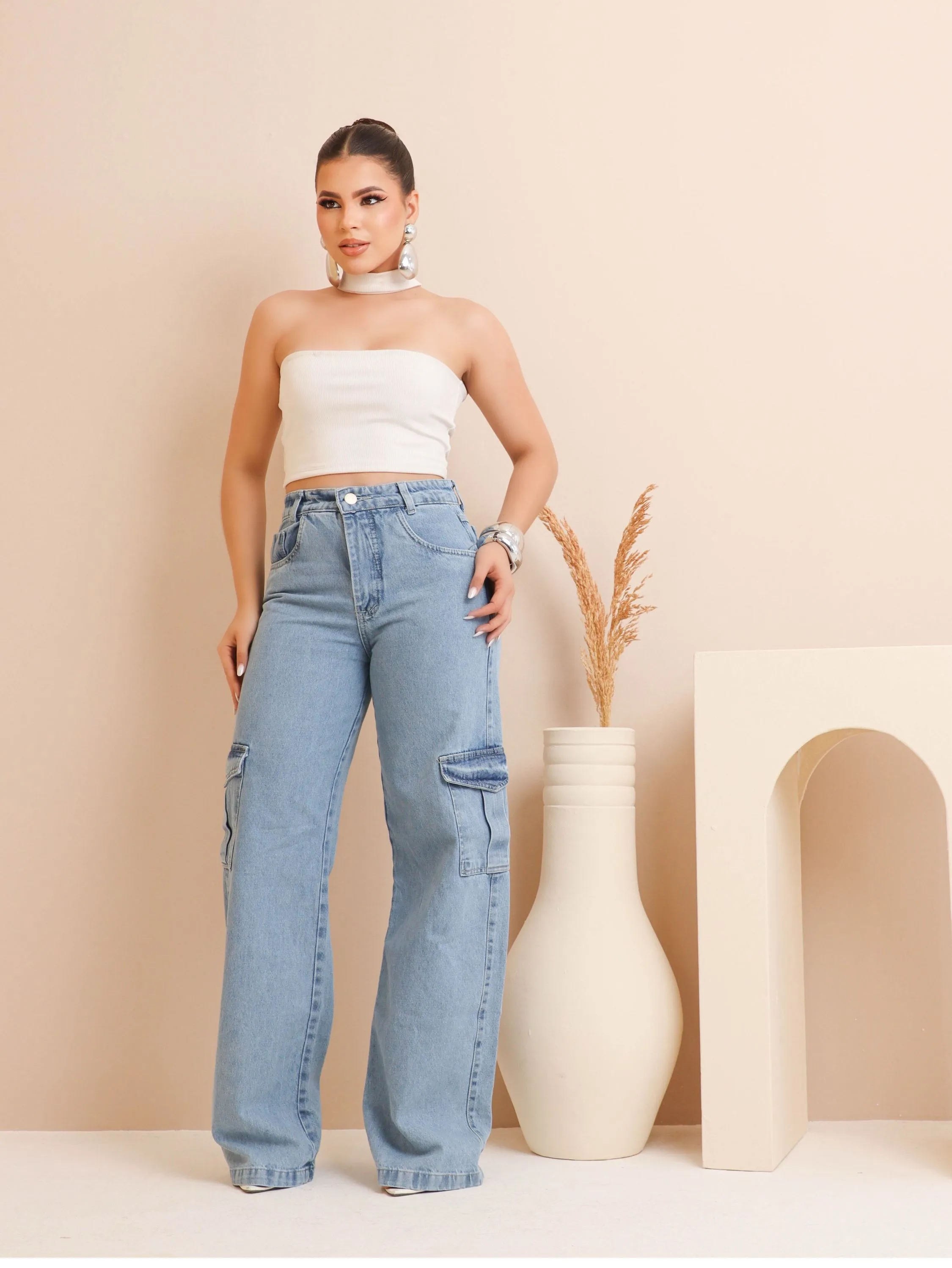 Calça wide leg cargo jeans feminina ,