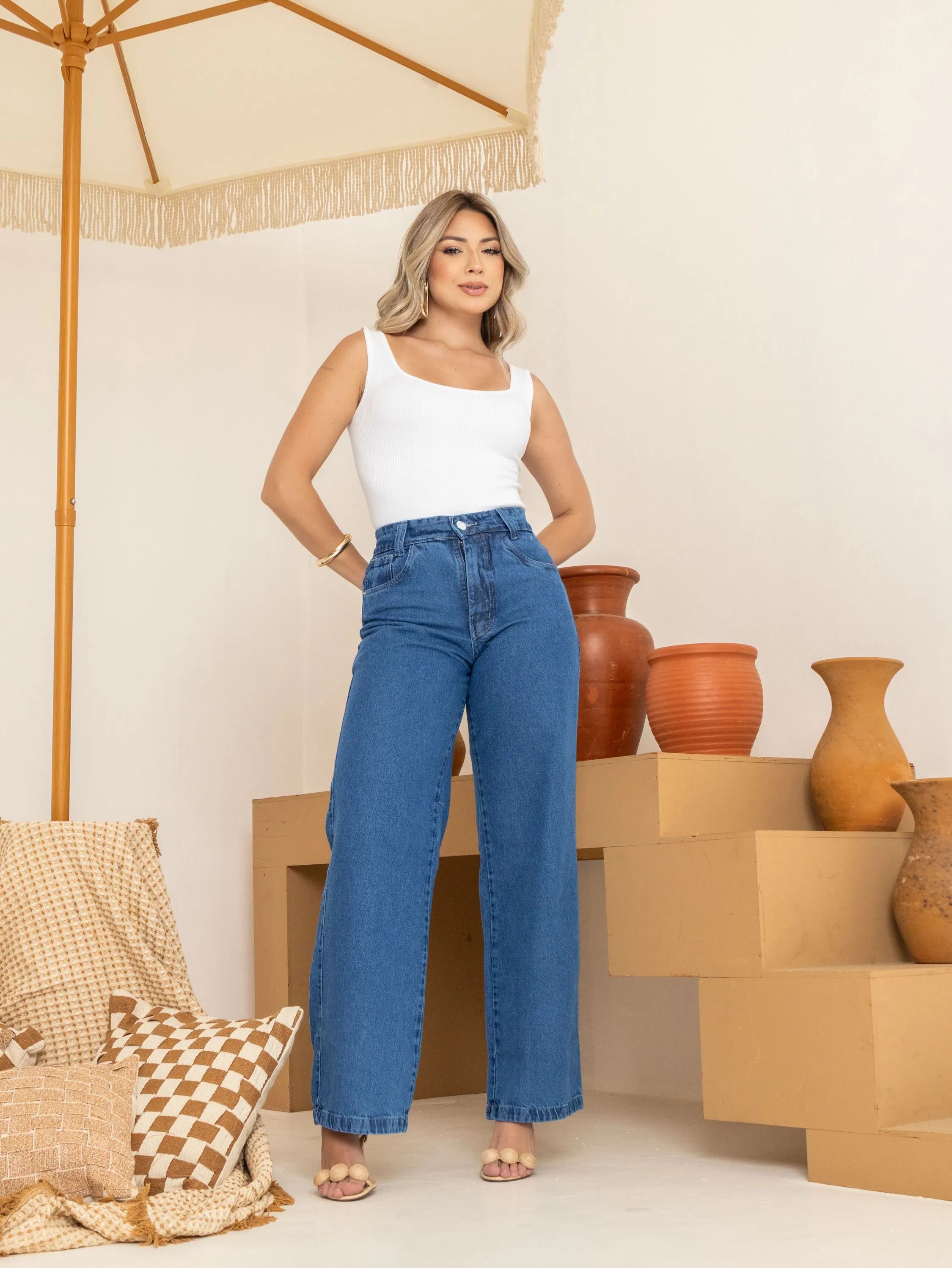 Calça wide leg jeans feminina