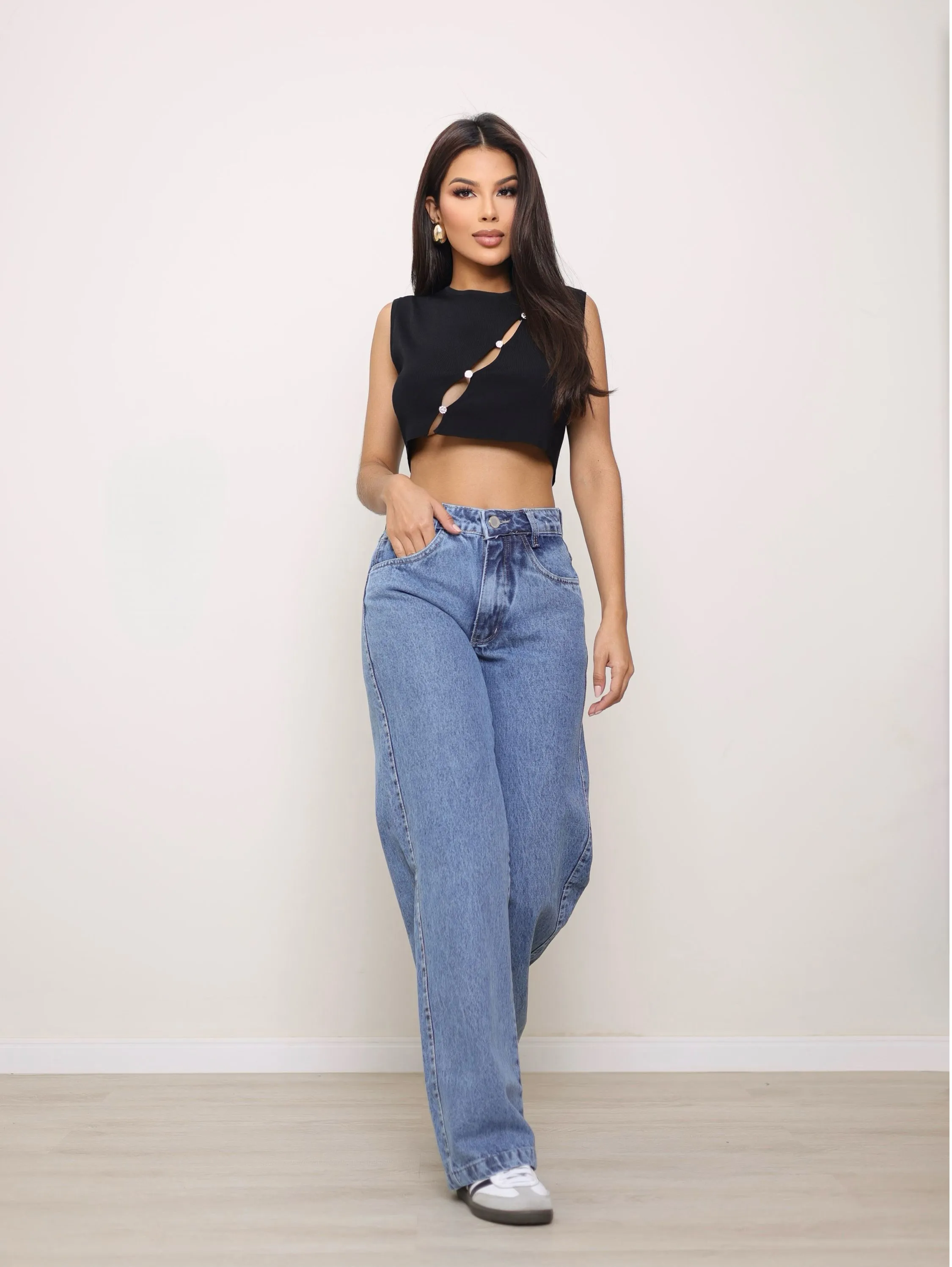 Calça wide leg jeans feminina