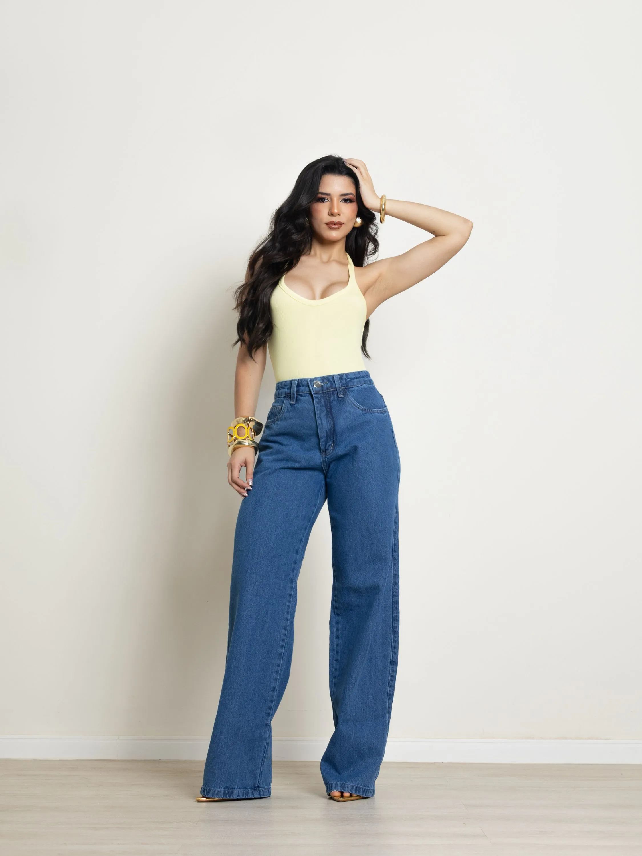 Calça wide leg jeans feminina