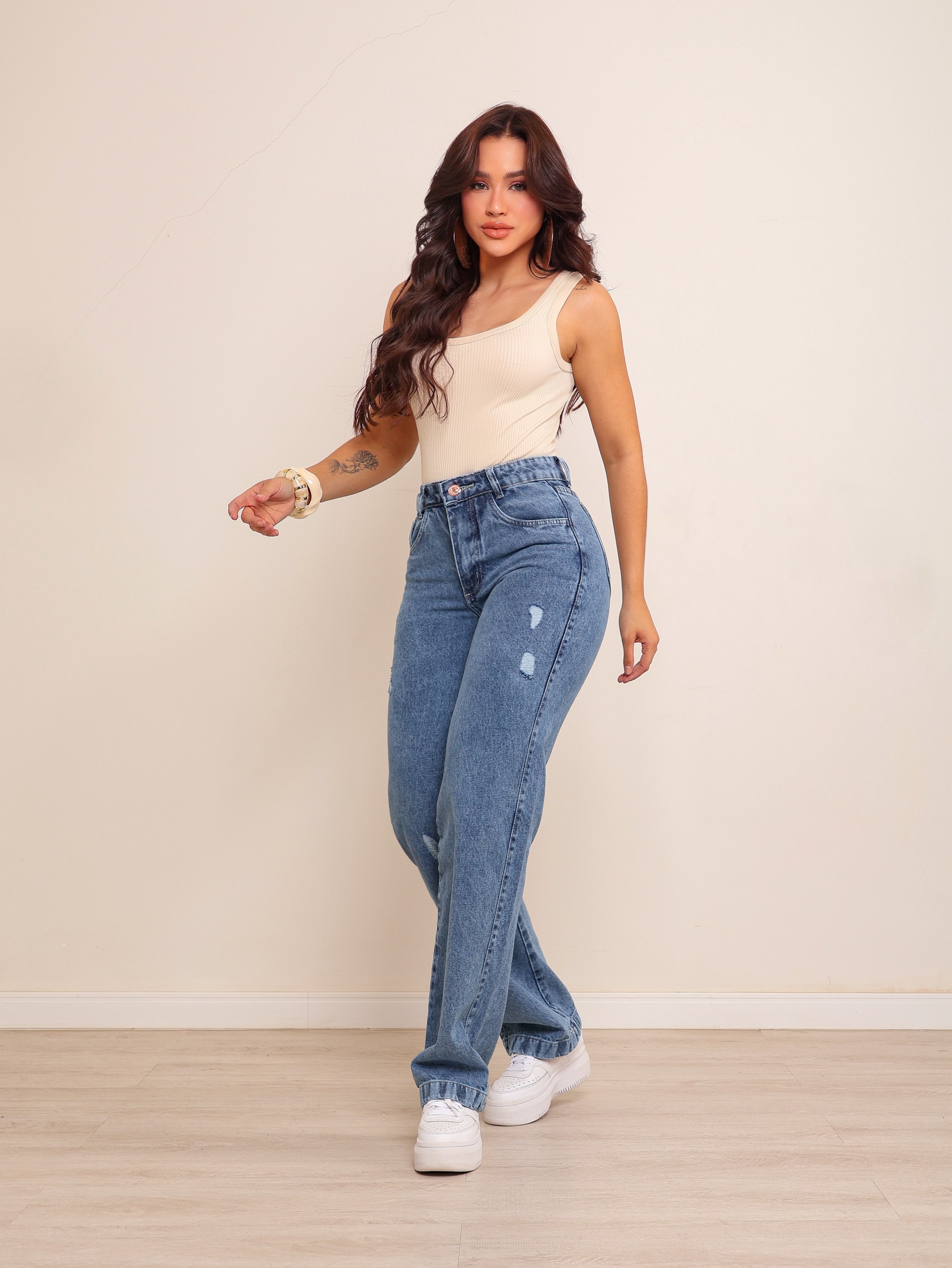 Calça wide leg jeans feminina