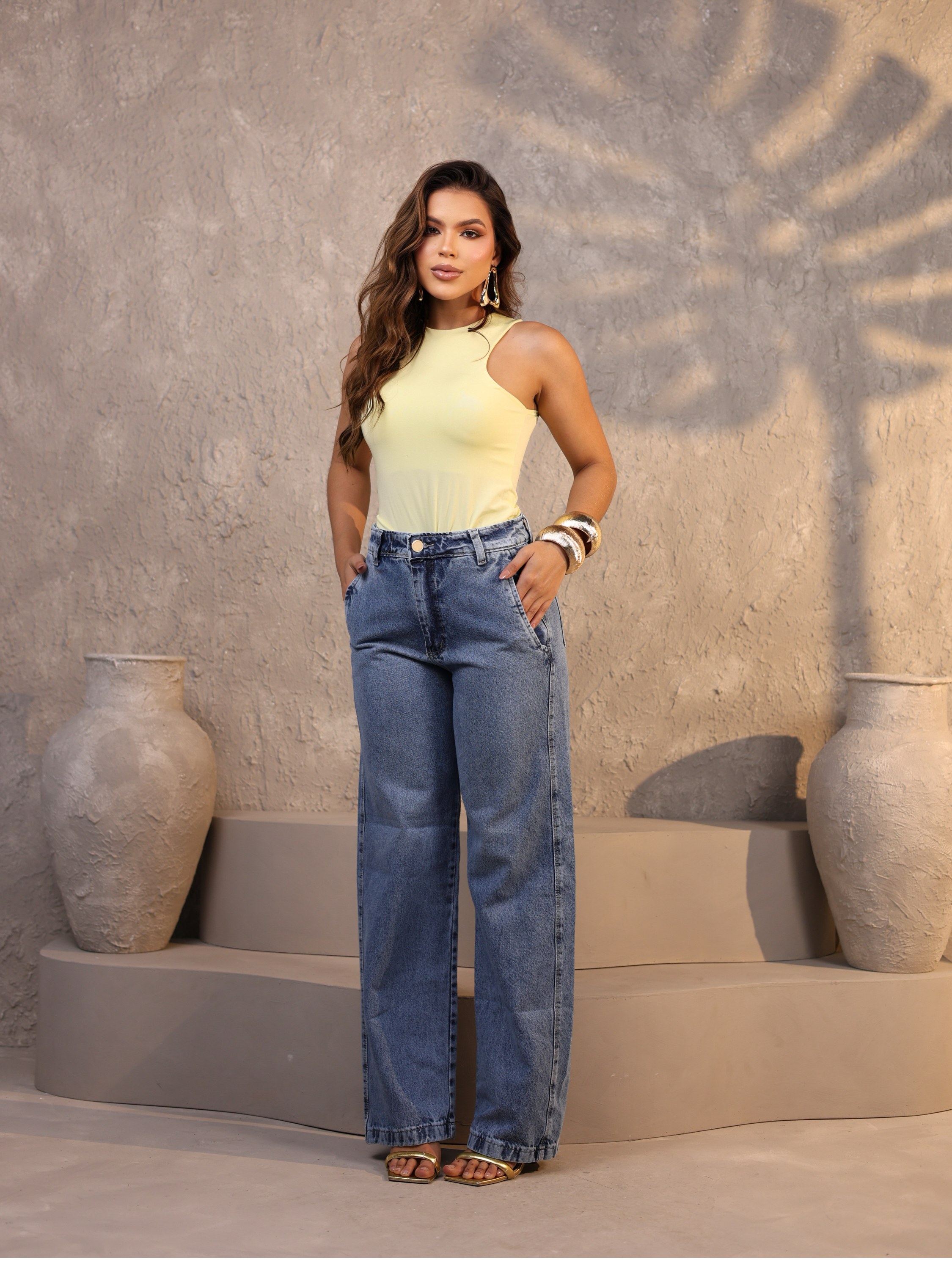 Calça wide leg jeans feminina