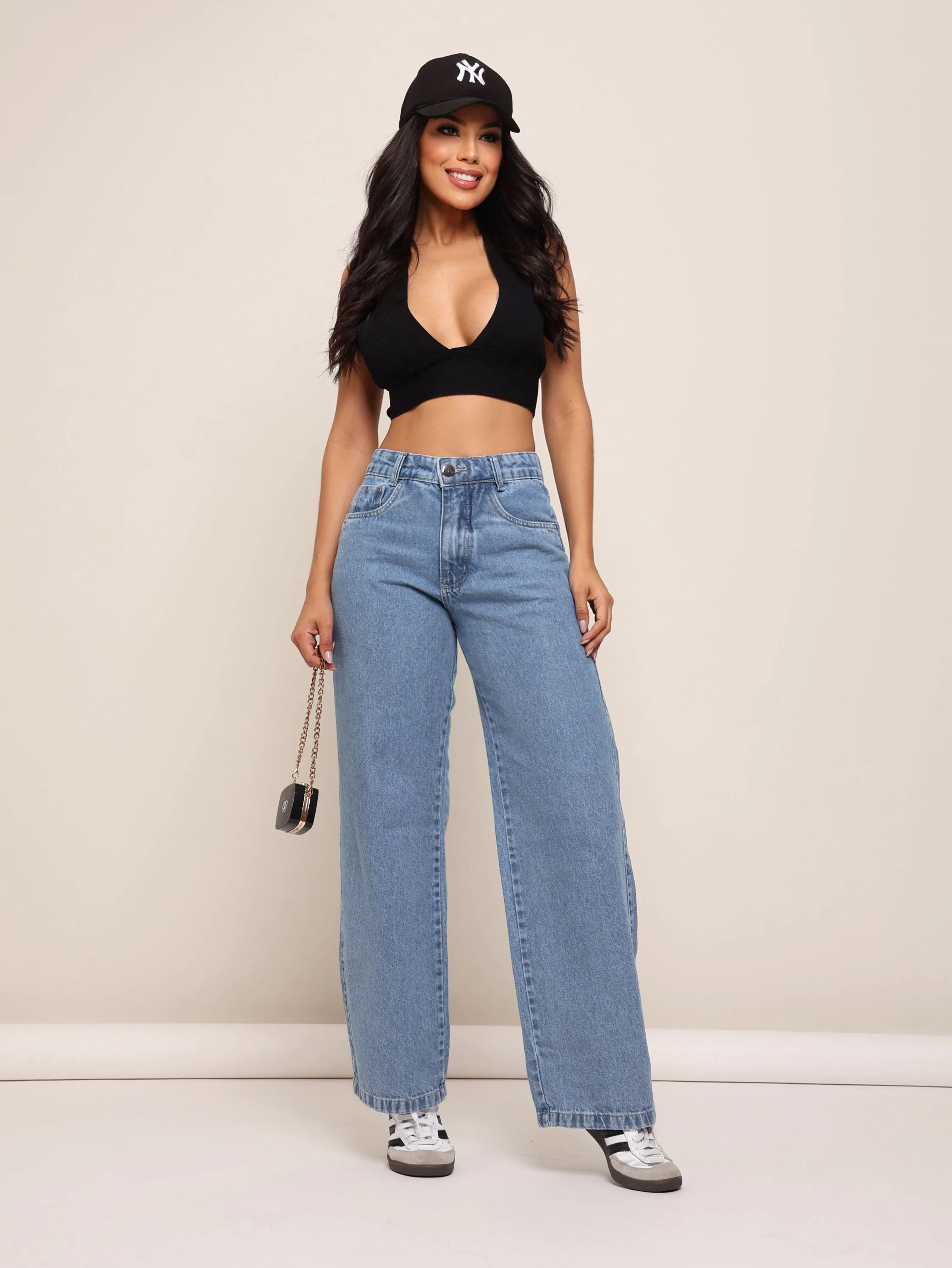 Calça wide leg jeans feminina