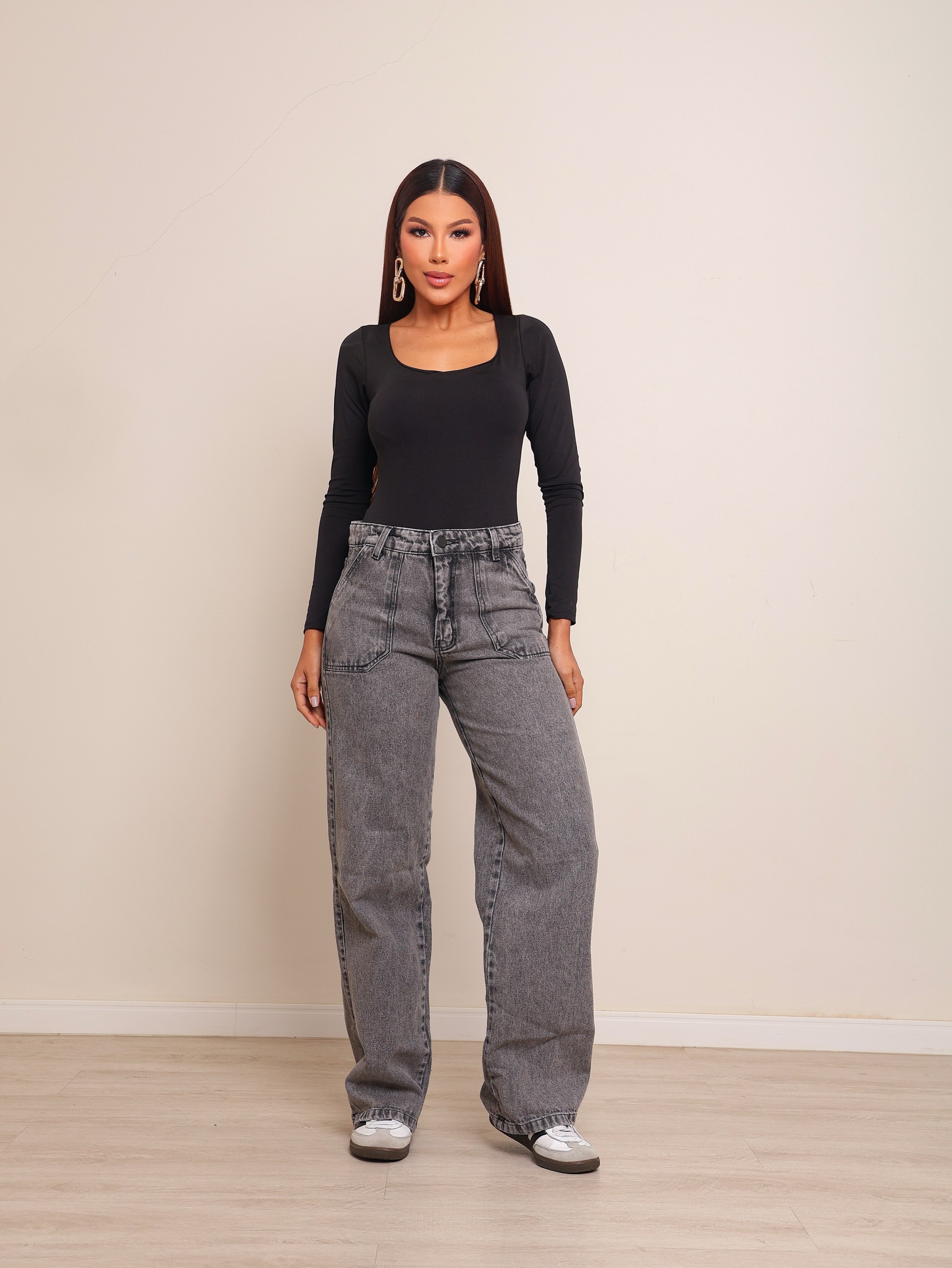 Calça wide leg jeans feminina