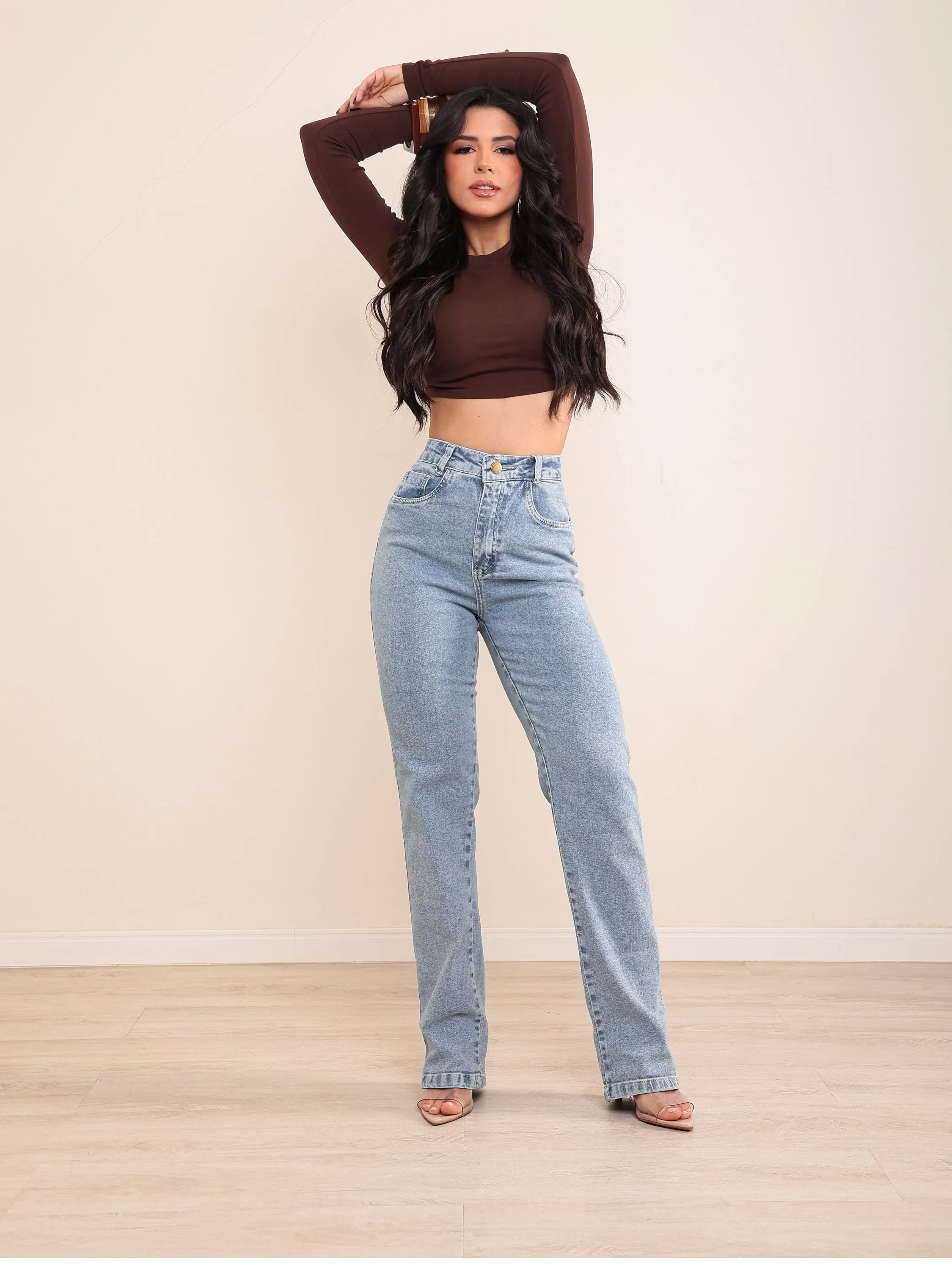 Calça wide leg jeans feminina com lycra