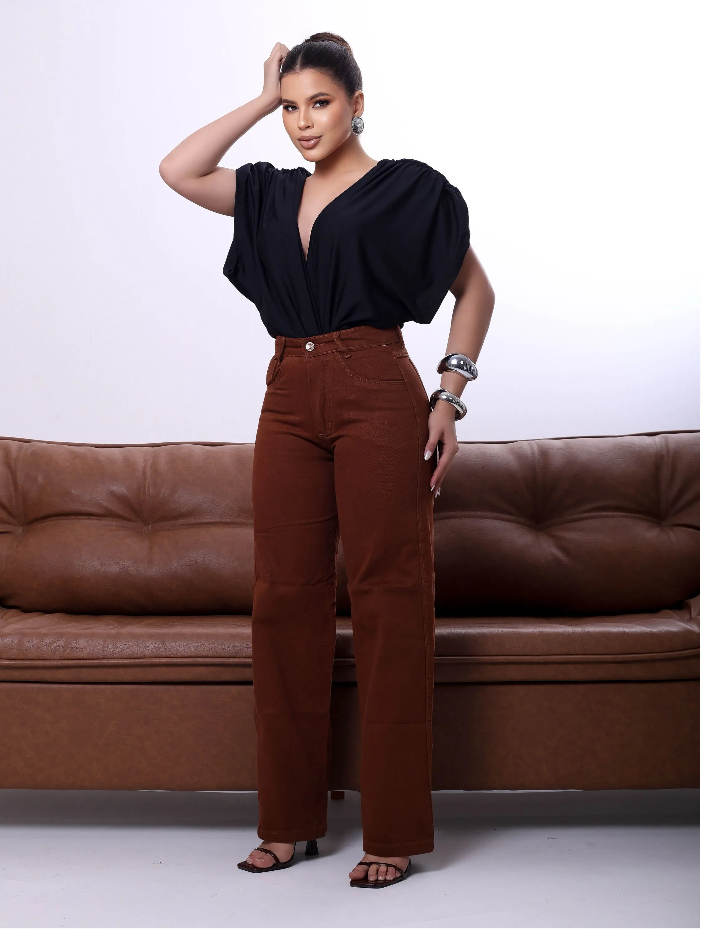 Calça wide leg jeans feminina