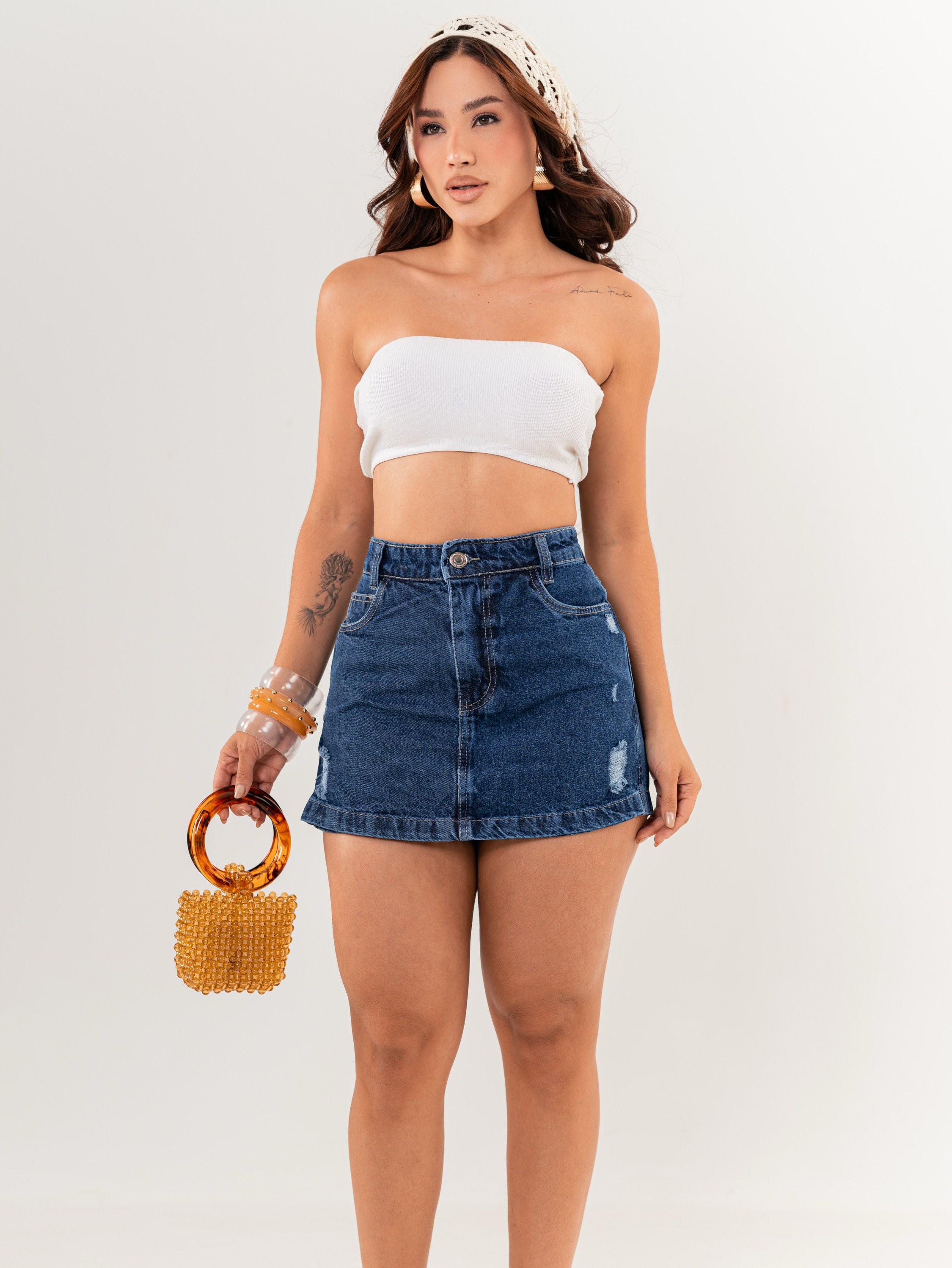 Short saia jeans feminino