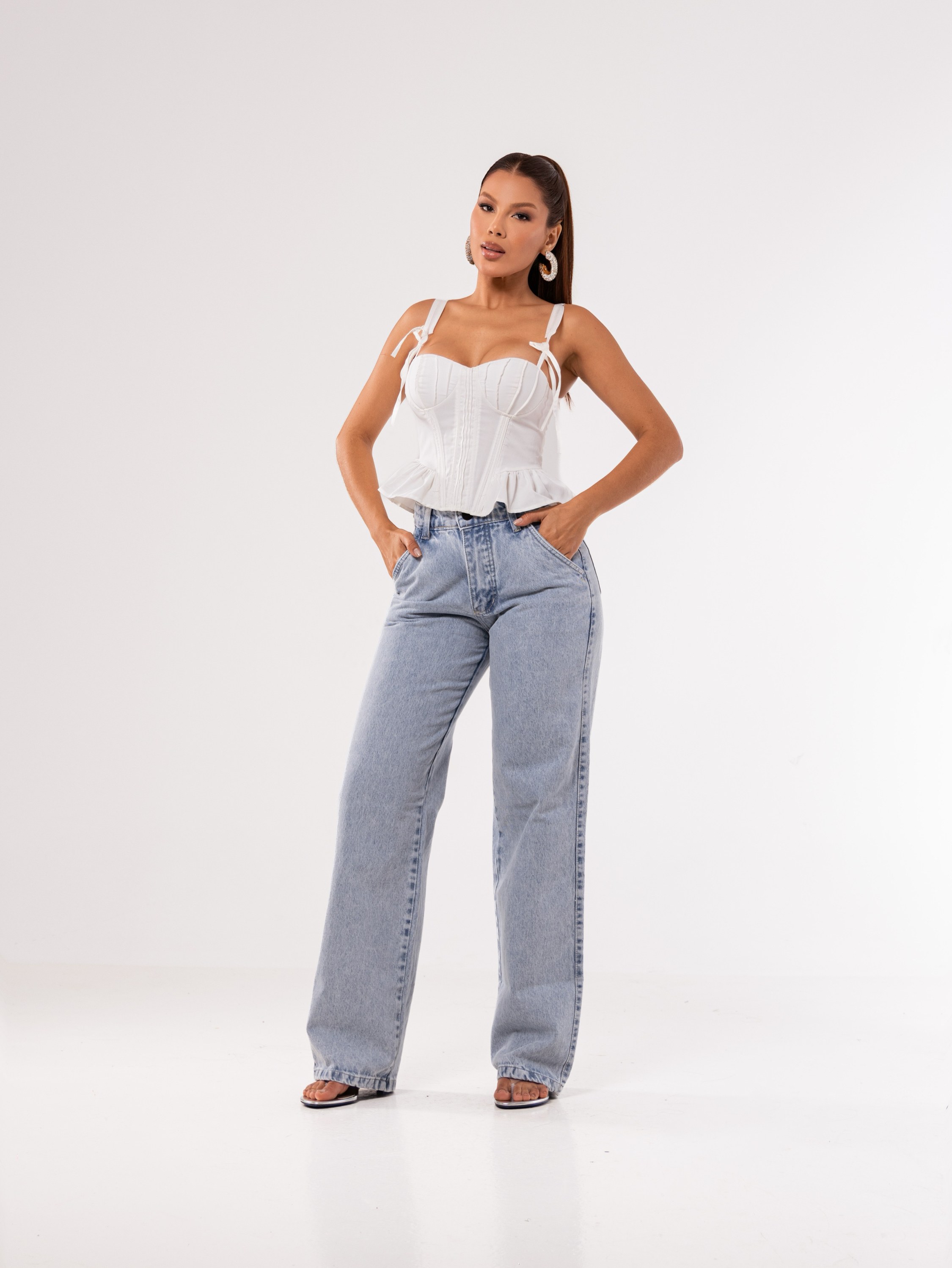 Calça wide leg jeans feminina