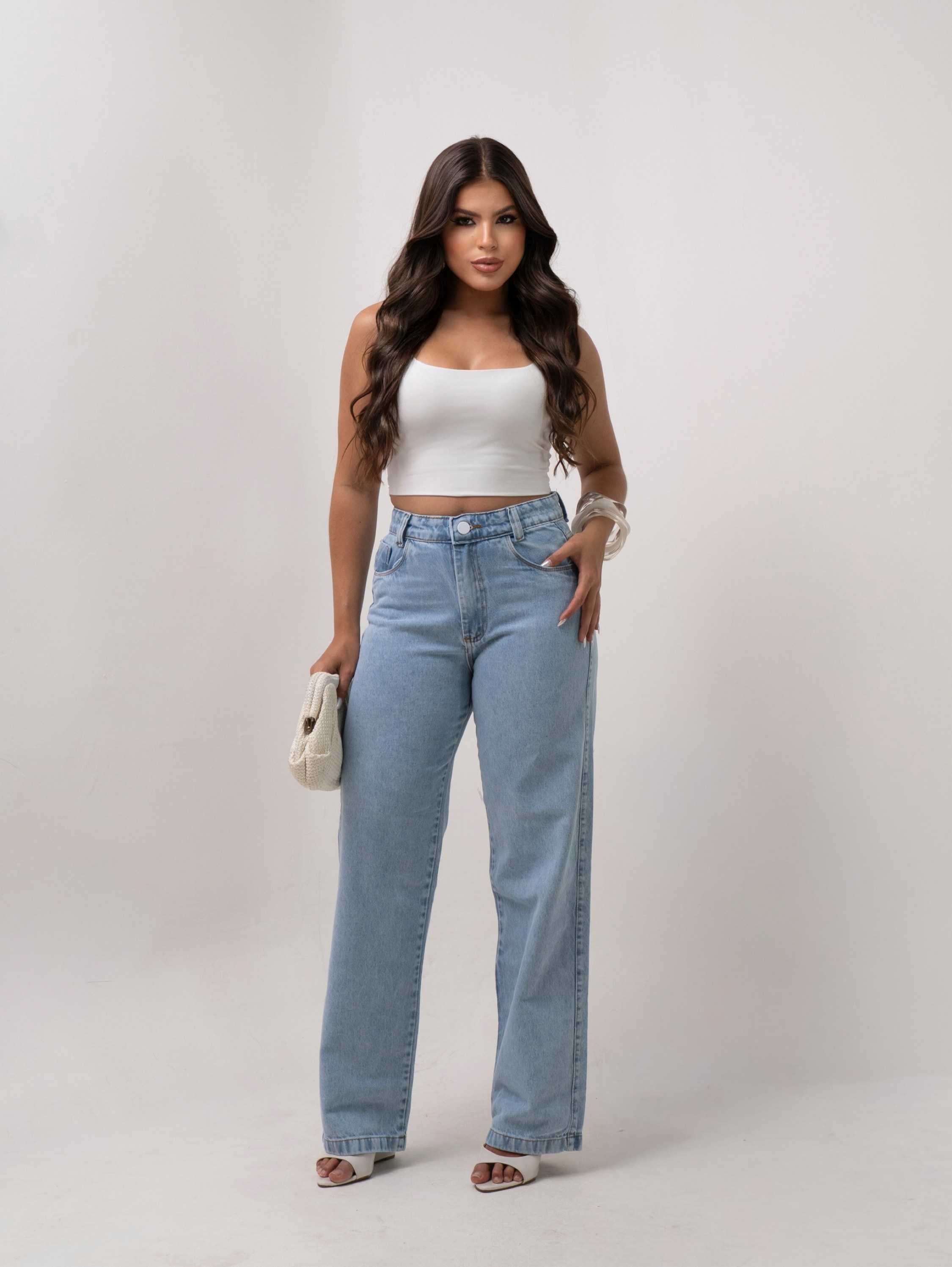 Calça wide leg jeans feminina