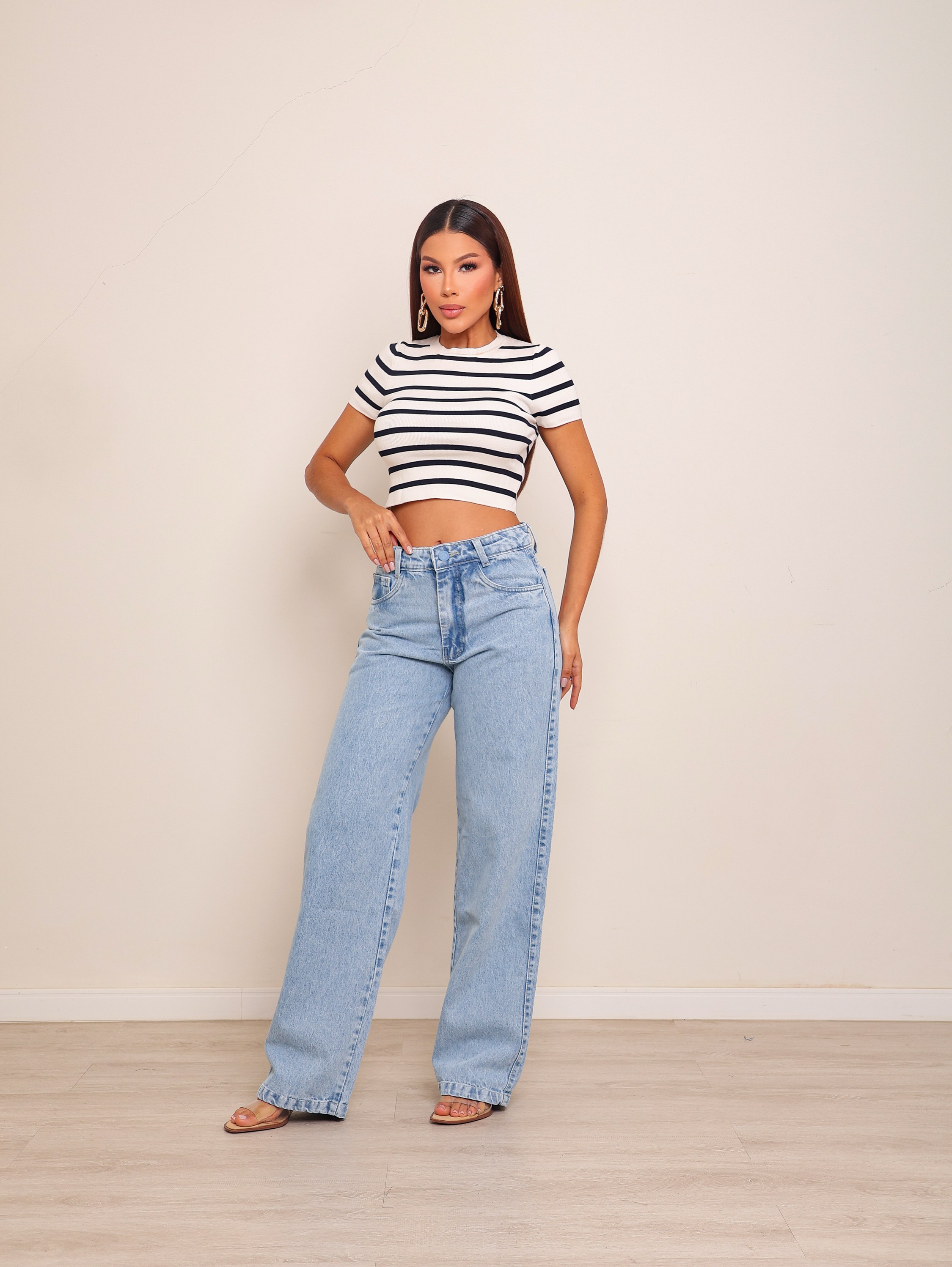 Calça wide leg jeans feminina