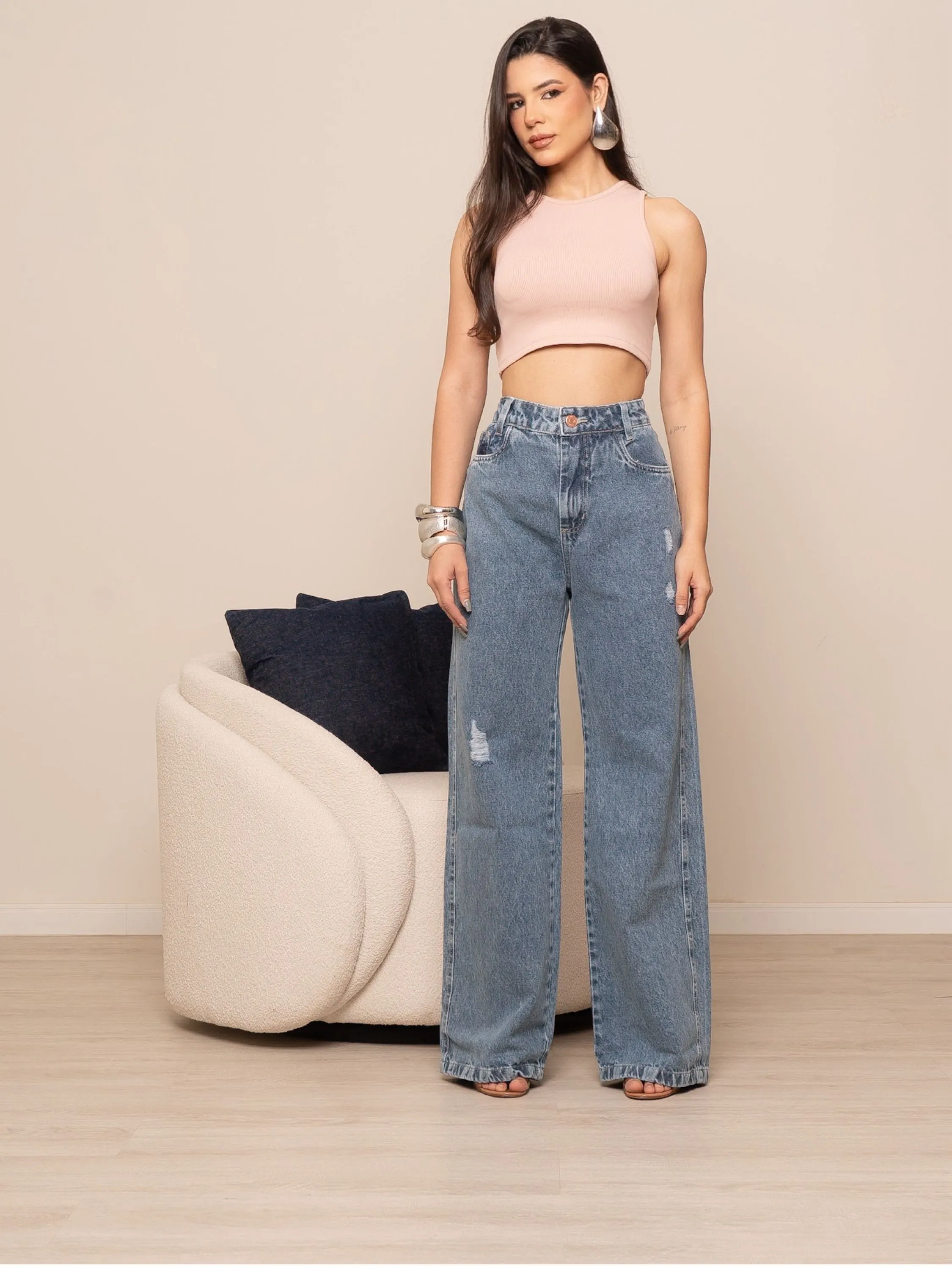 Calça wide leg jeans feminina