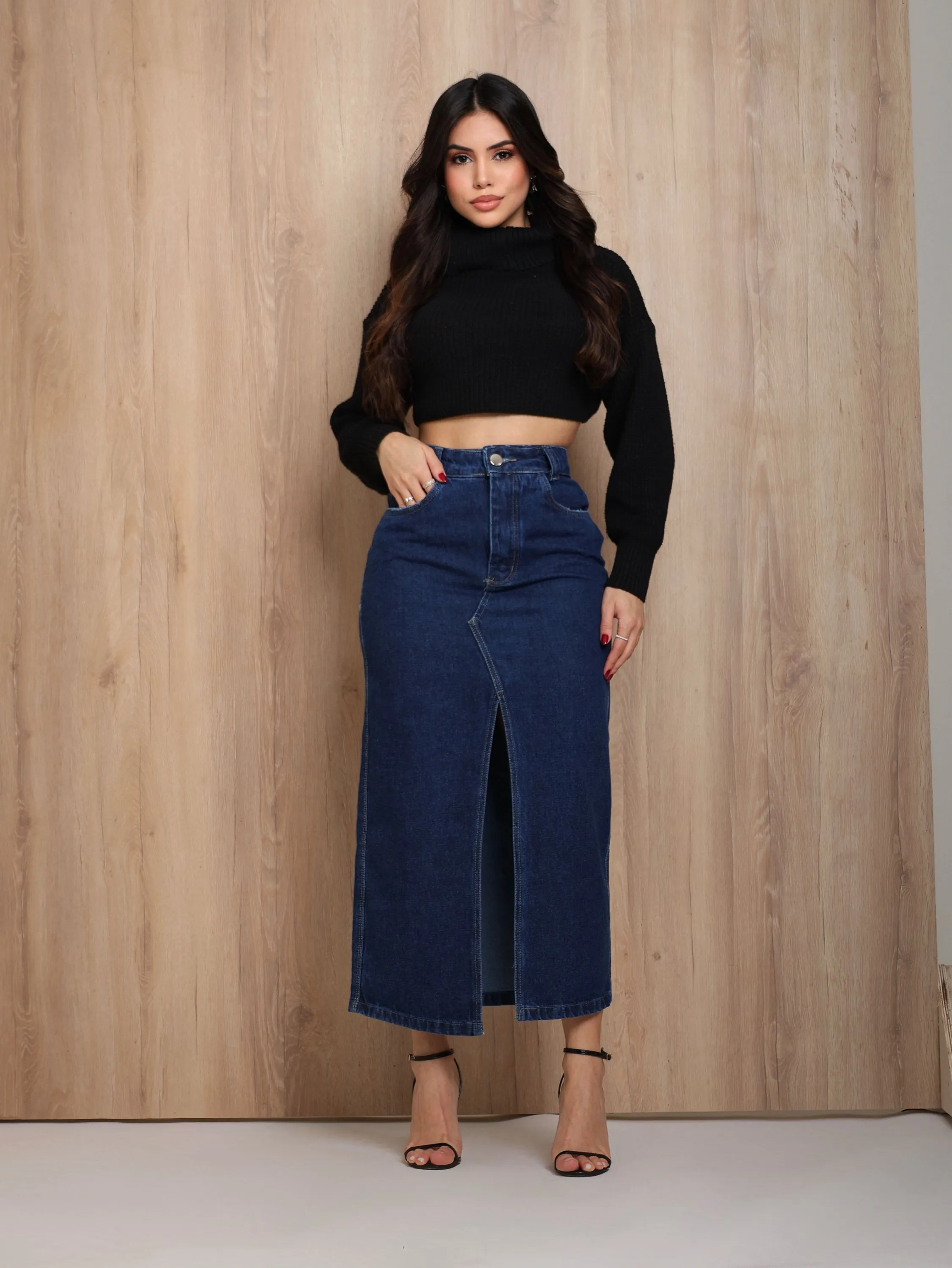 Saia longa jeans feminina