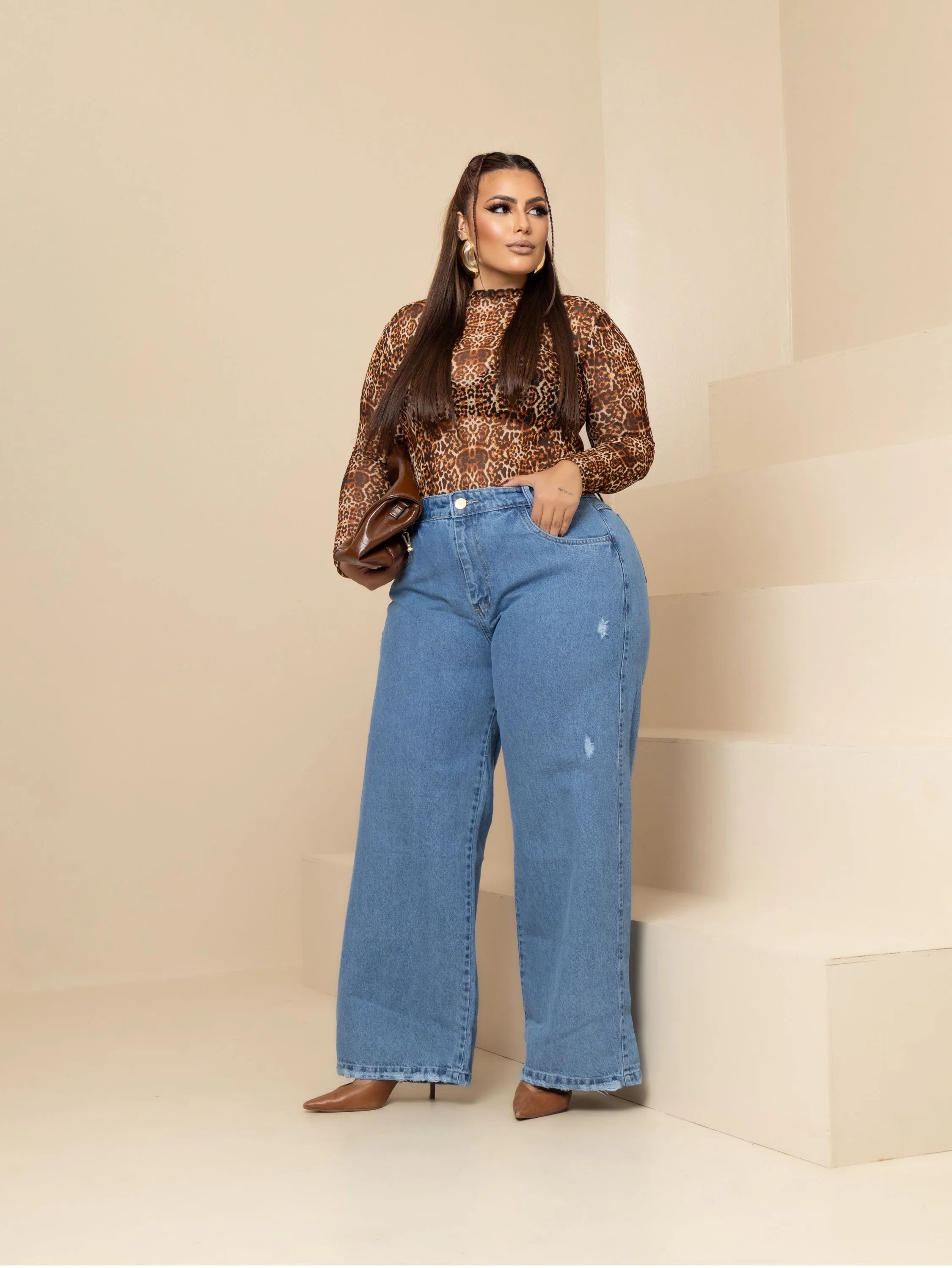 Calça wide leg jeans feminina plus size