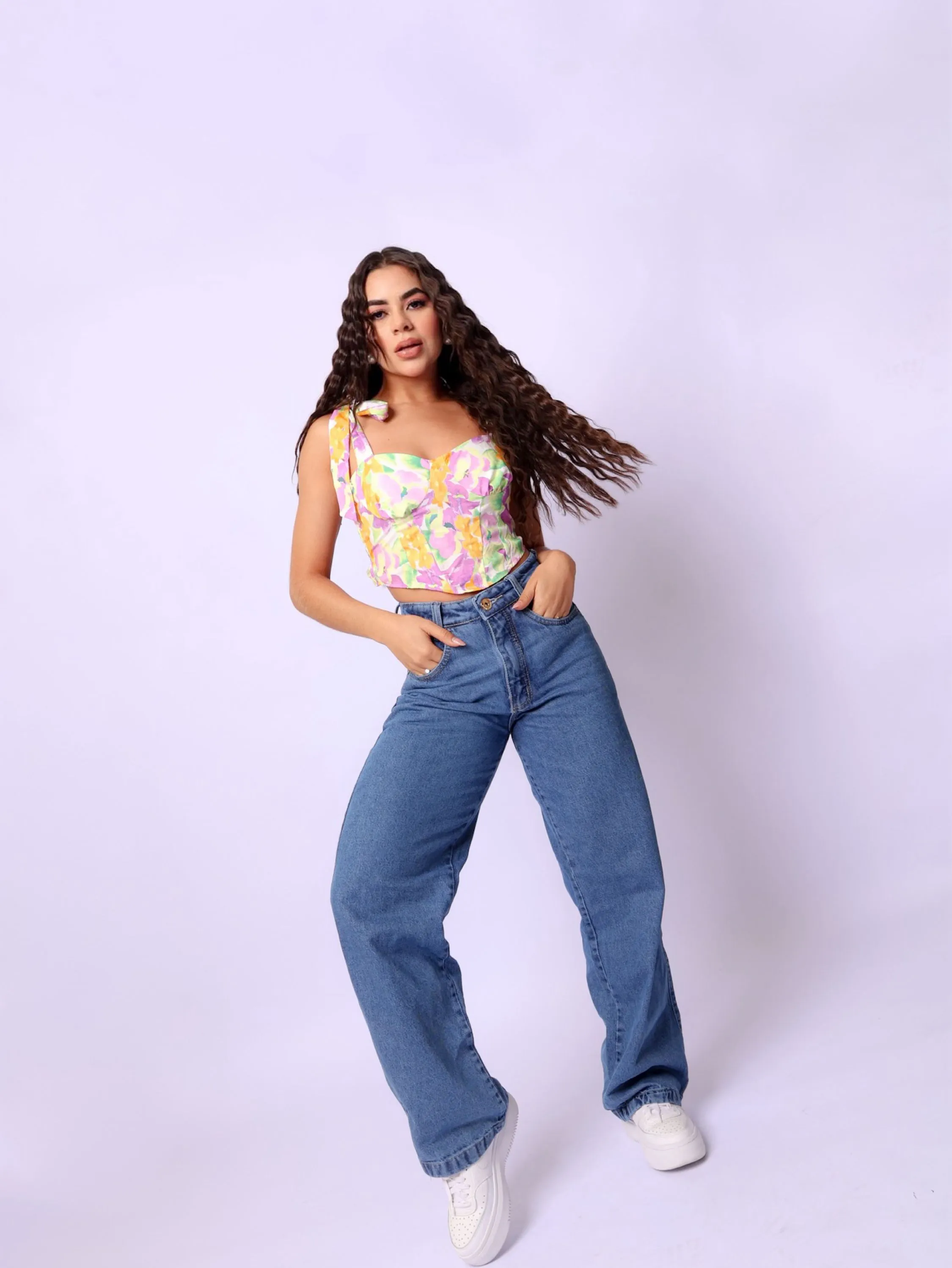 Calça wide leg jeans feminina