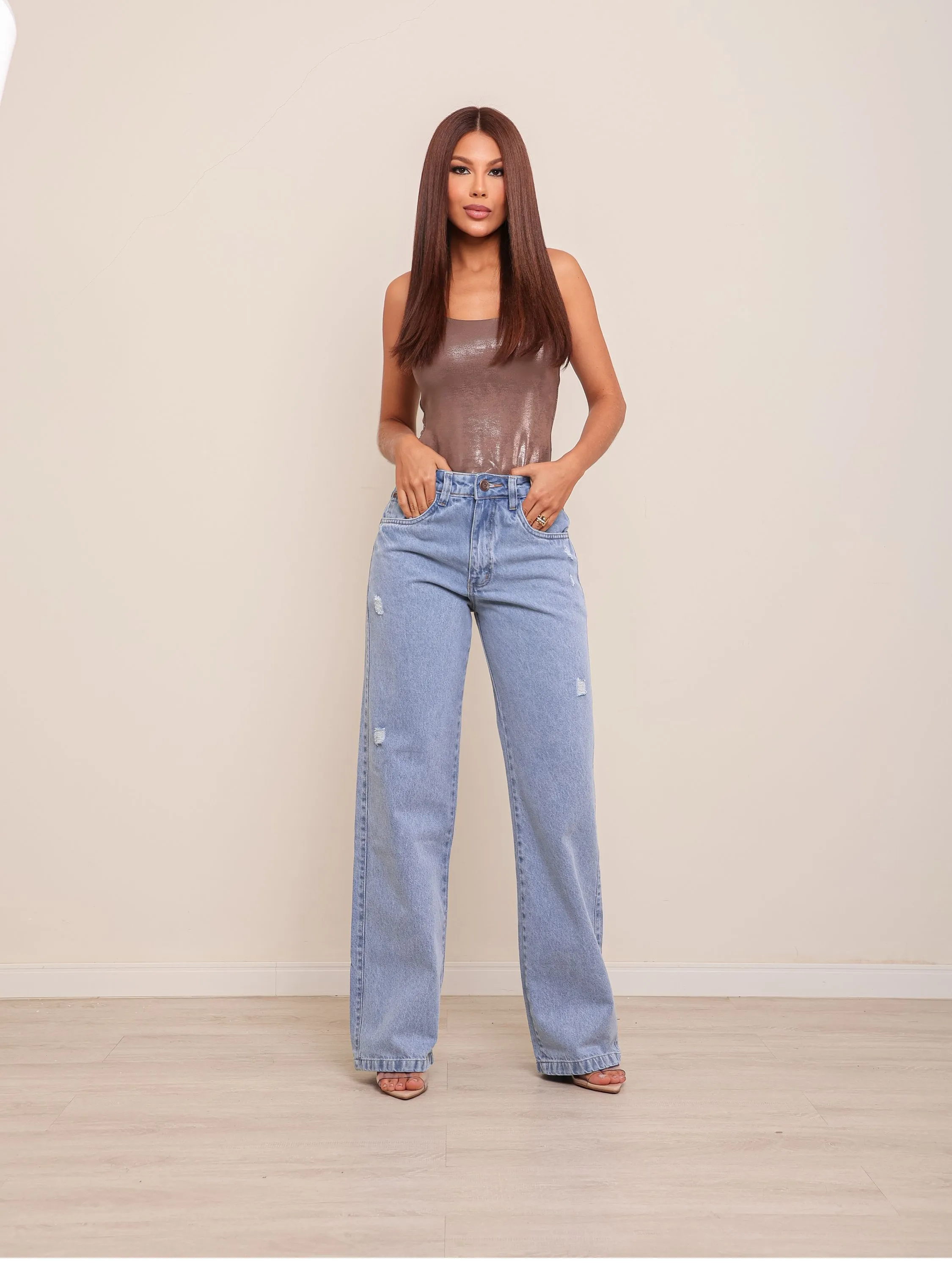 Calça wide leg jeans feminina