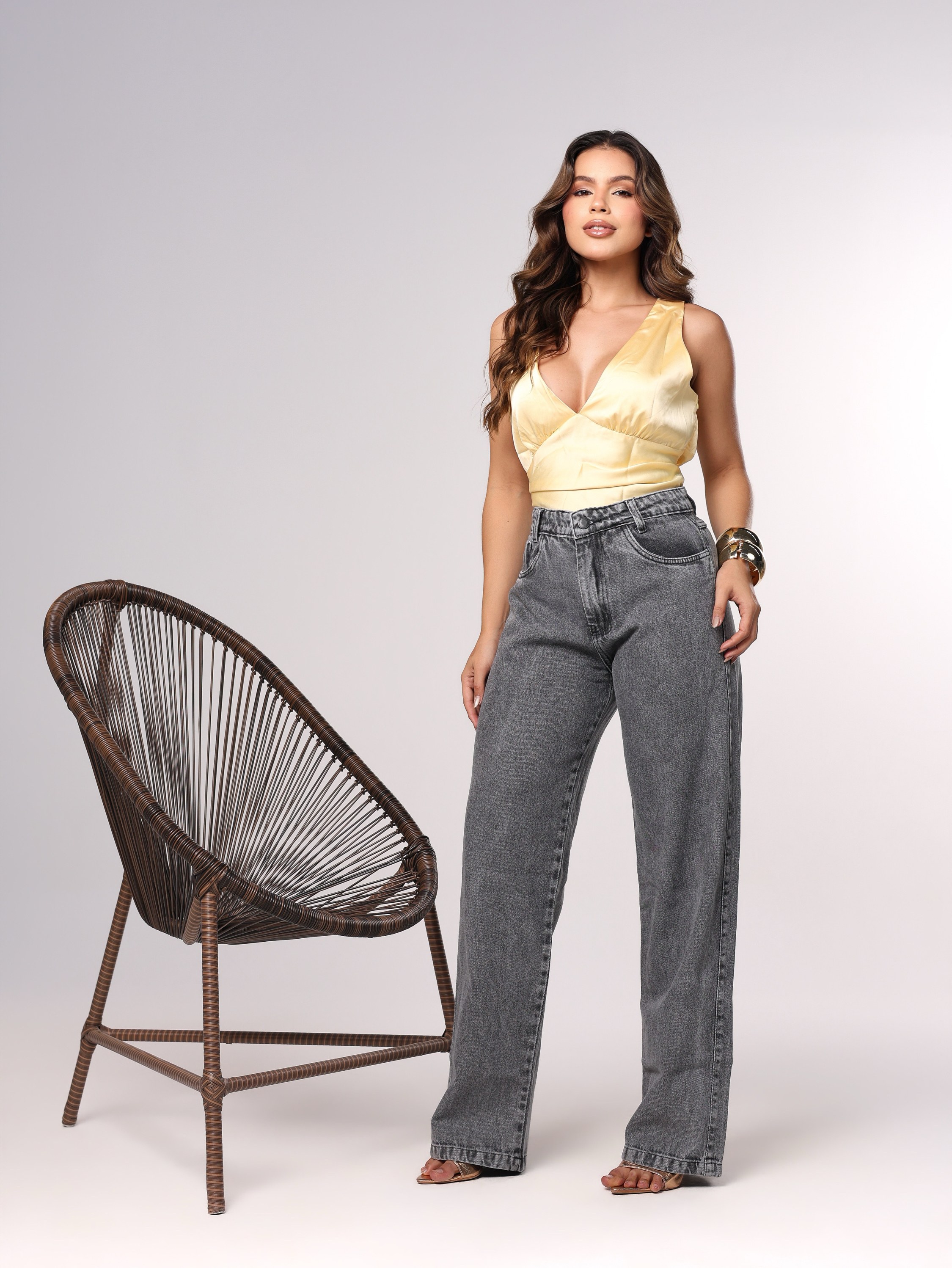 Calça wide leg jeans feminina