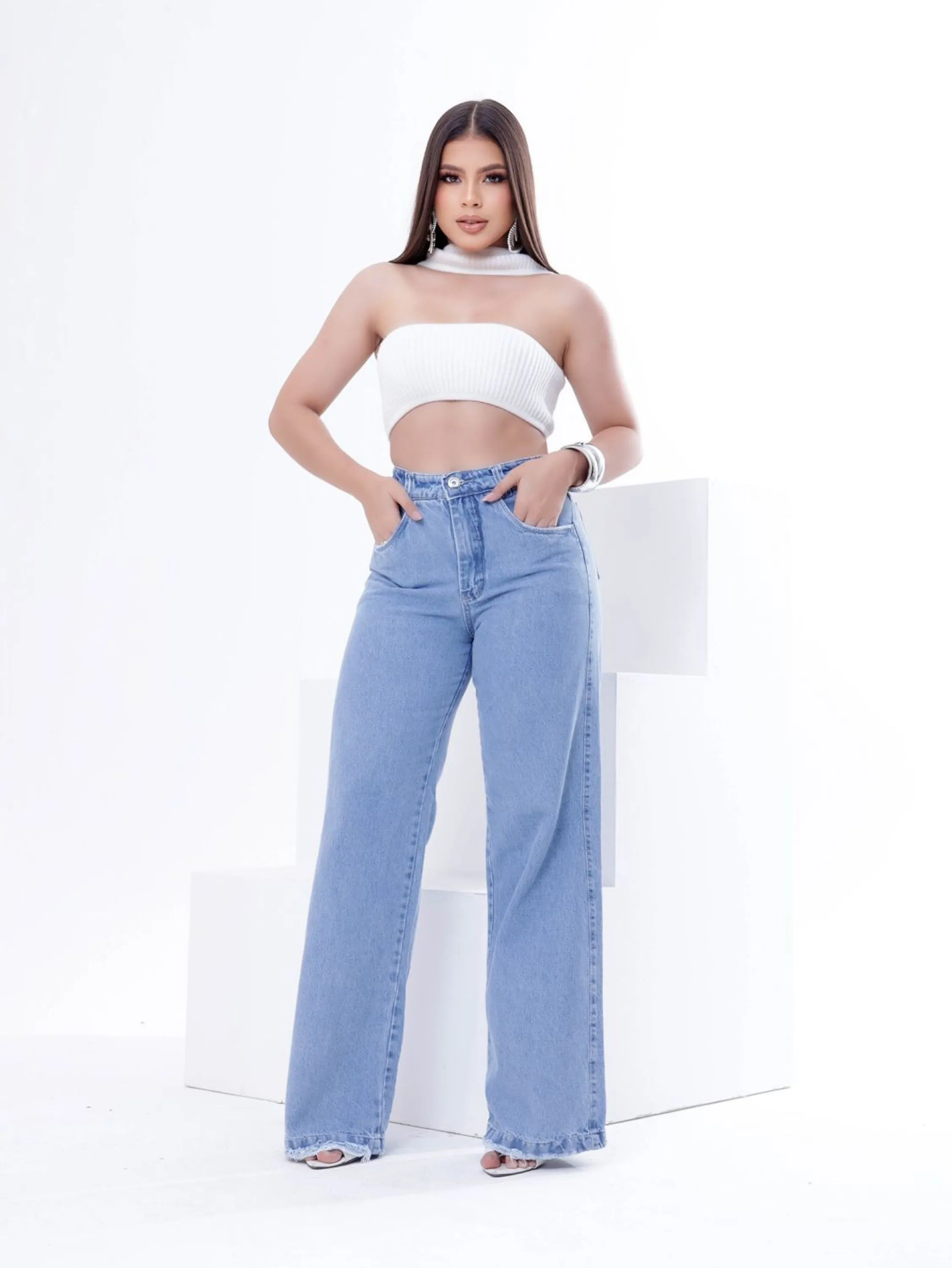 Calça wide leg jeans feminina