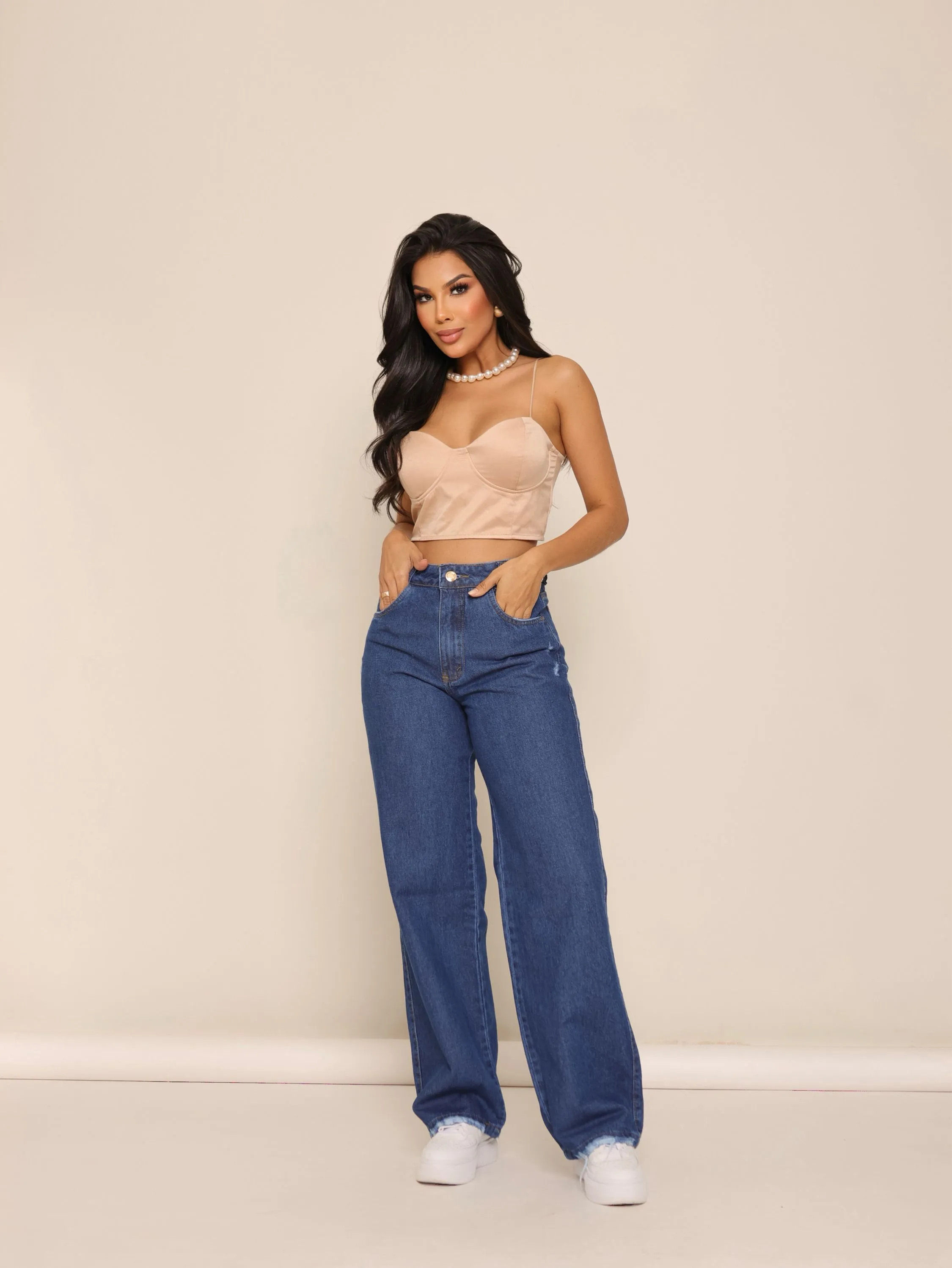 Calça wide leg jeans feminina