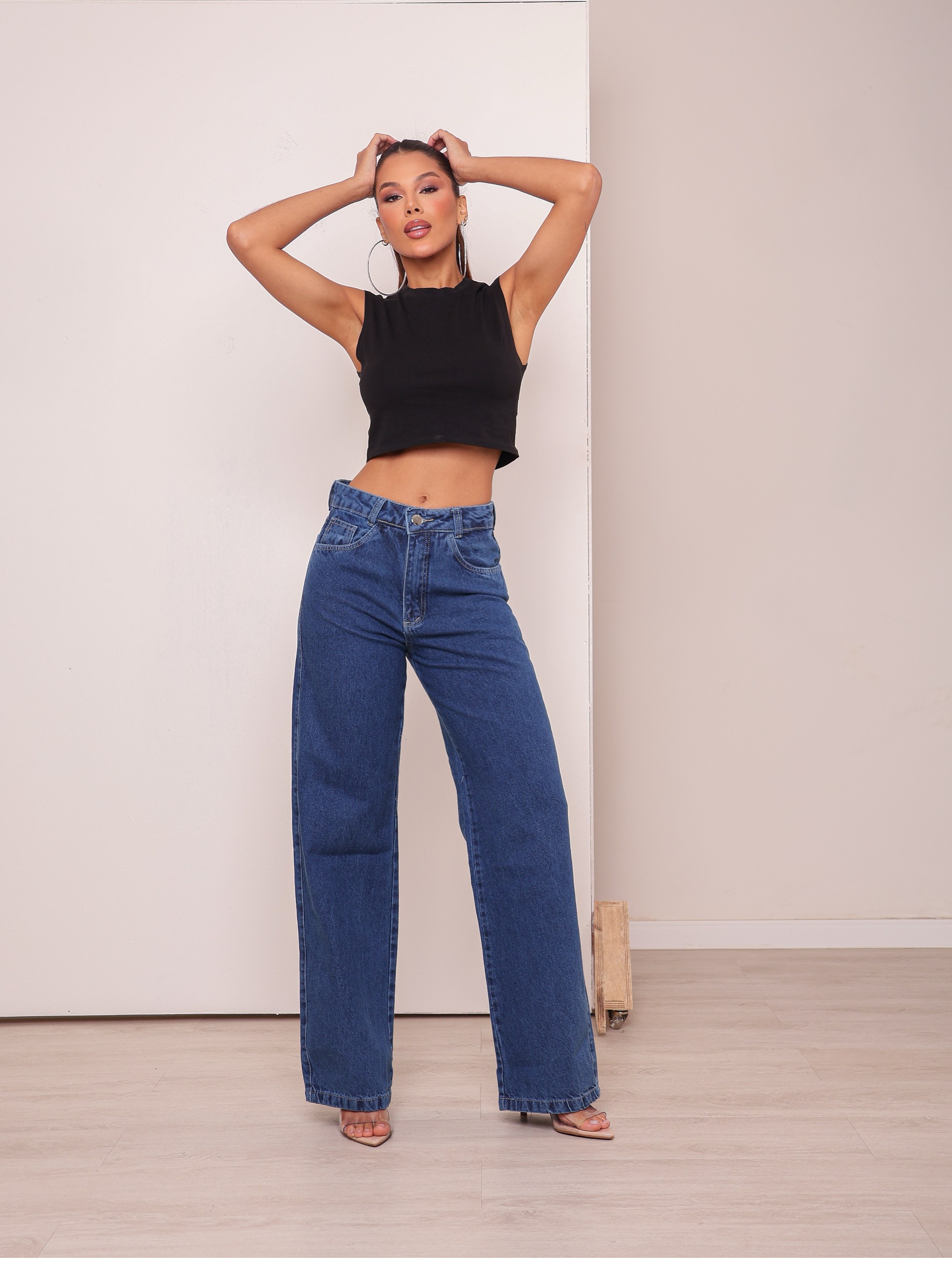 Calça wide leg jeans feminina