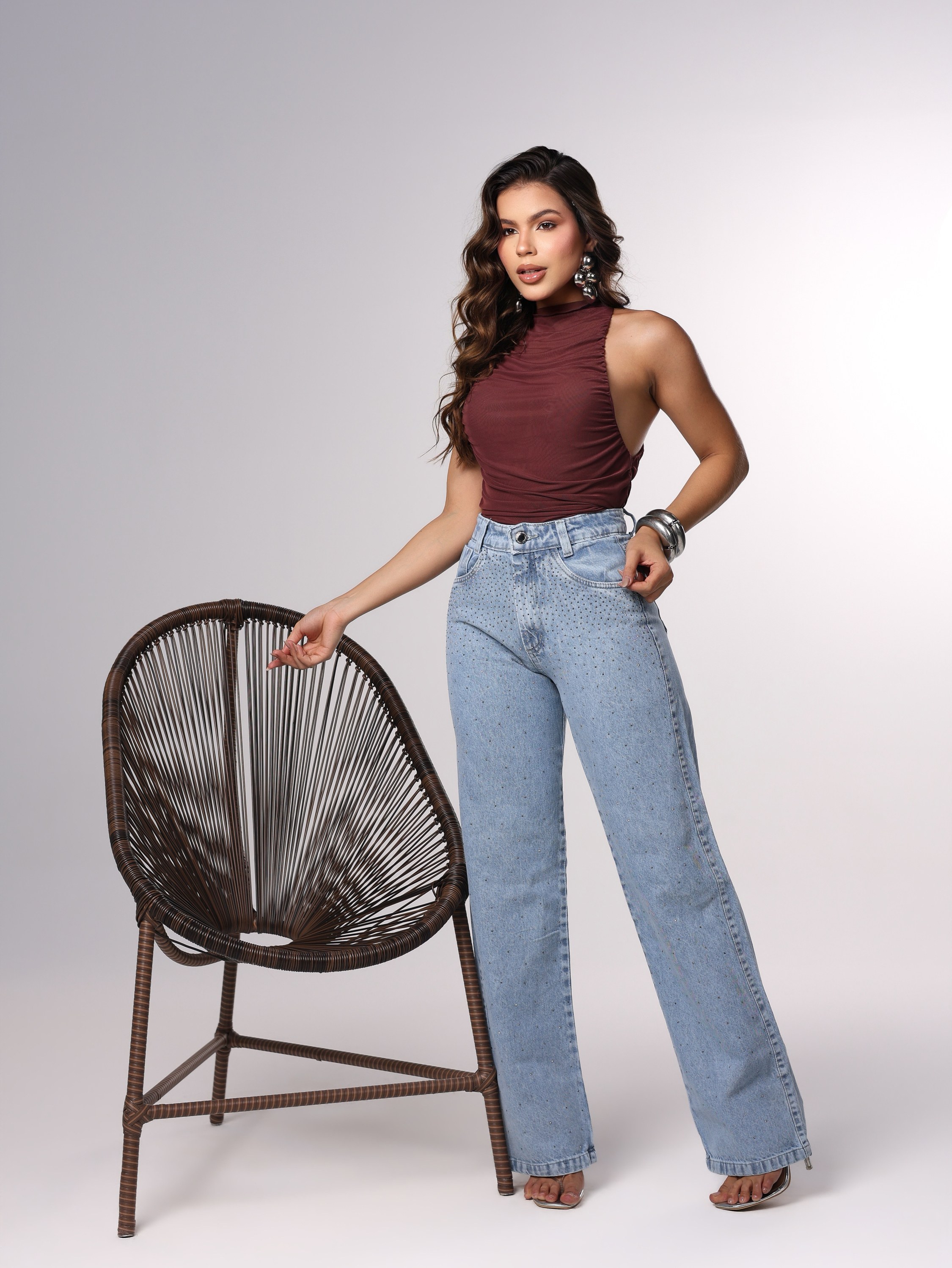 Calça wide leg jeans feminina de strass