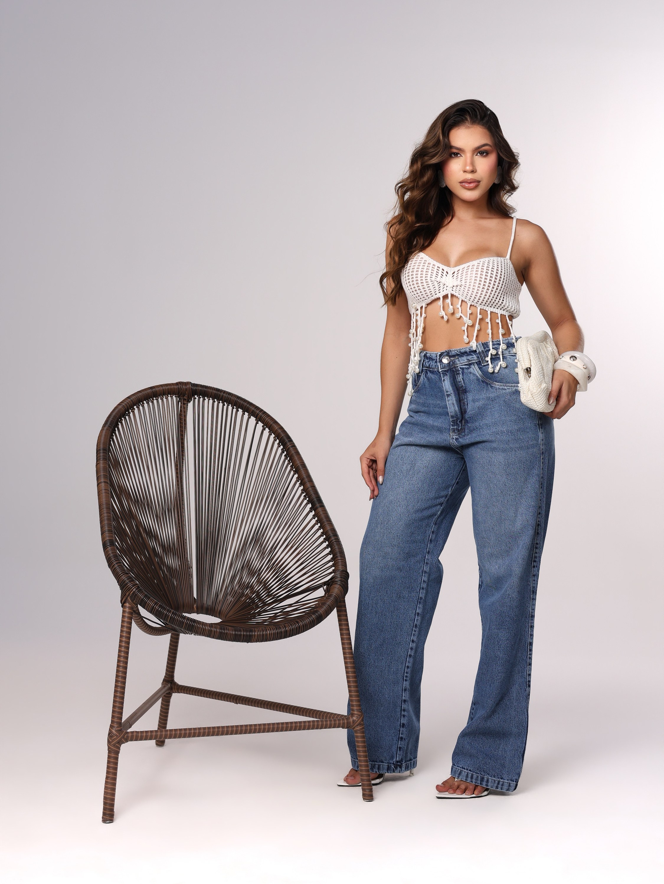 Calça wide leg jeans feminina