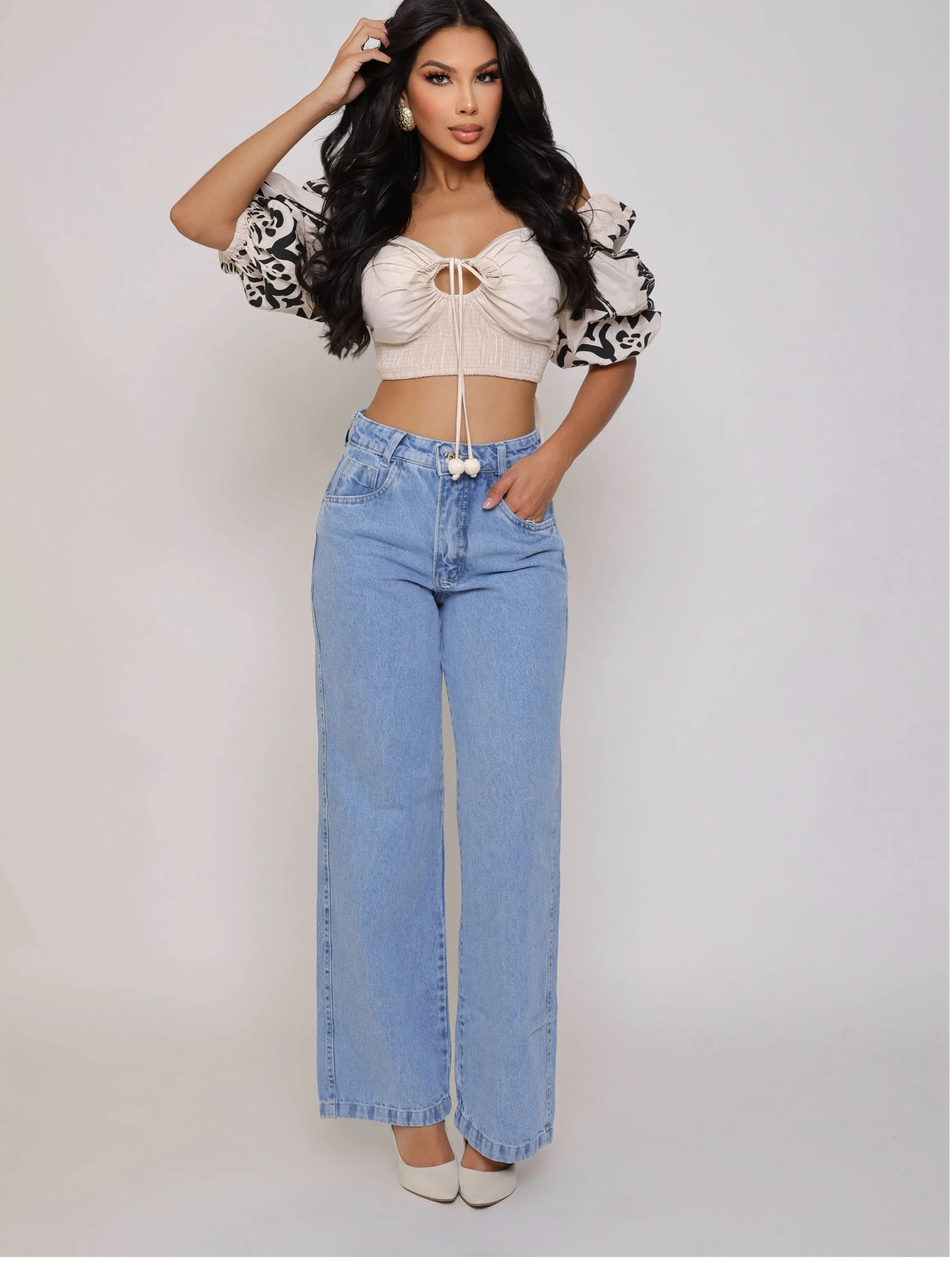 Calça wide leg jeans feminina