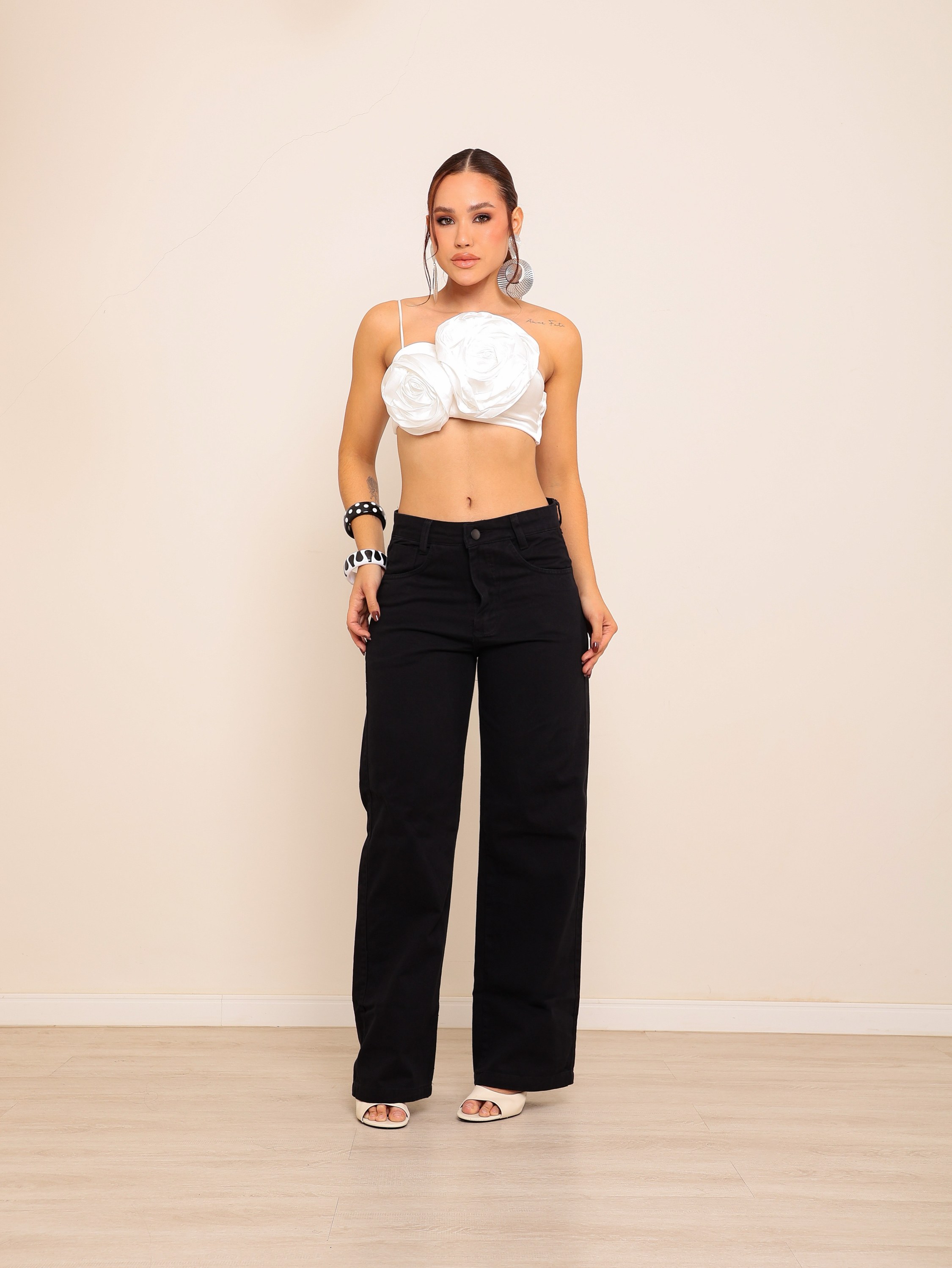 Calça wide leg jeans feminina