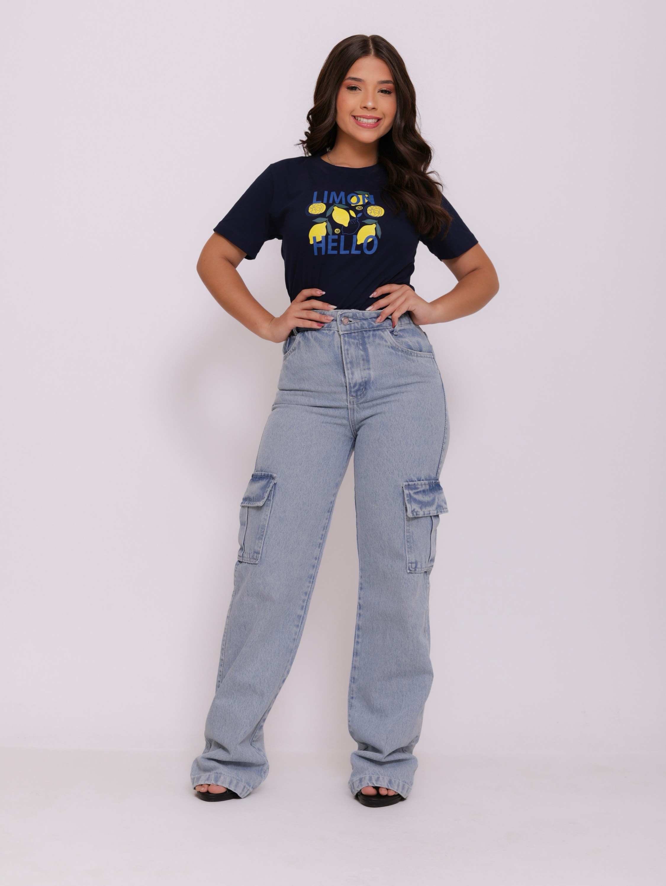 Calça wide leg cargo jeans infantil