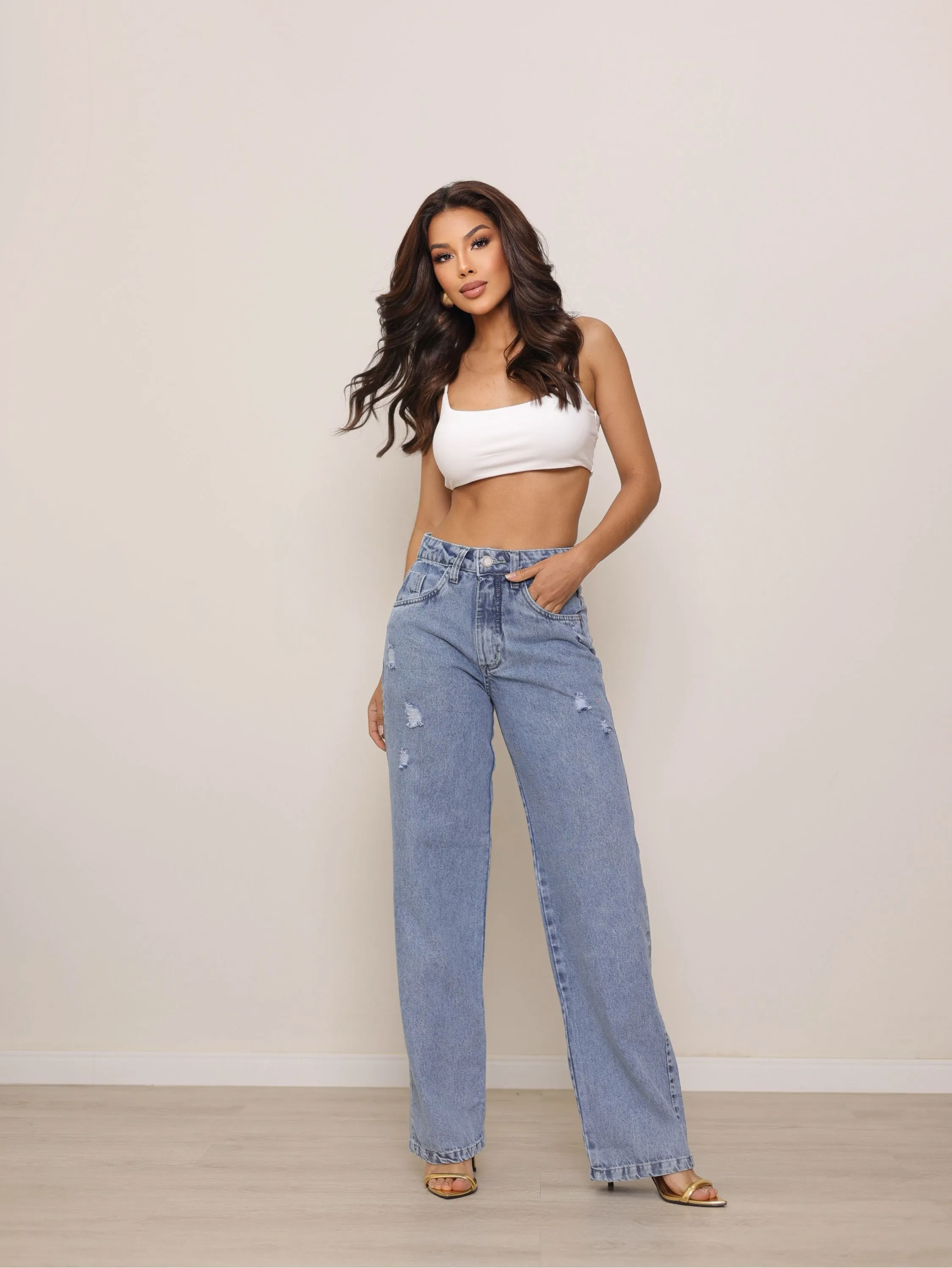 Calça wide leg jeans feminina