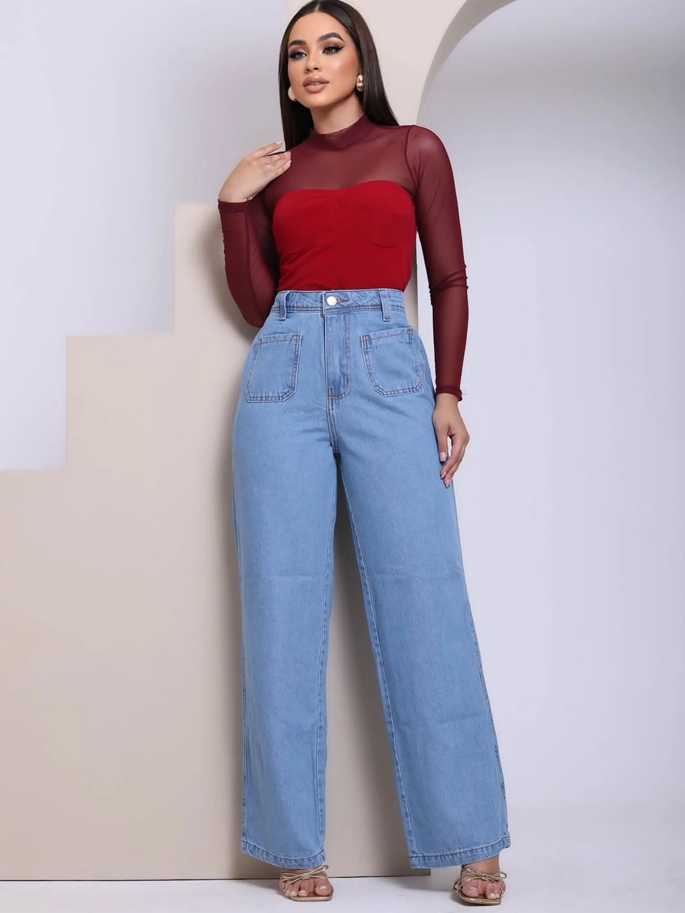 Calça Jeans Wide Leg Bolso Frontal