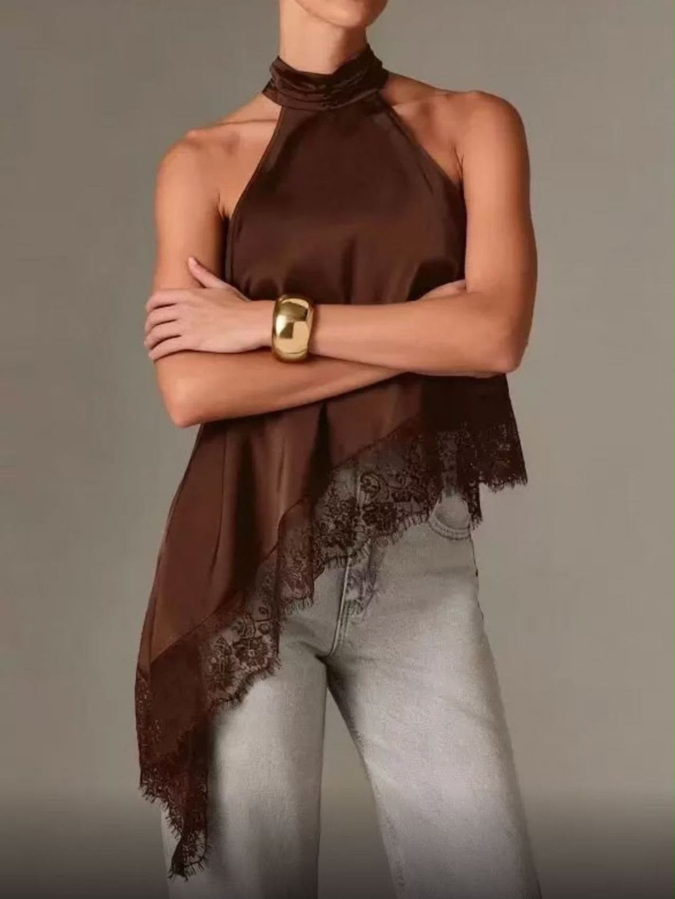 Blusa assimétrica cetim com renda YY1023