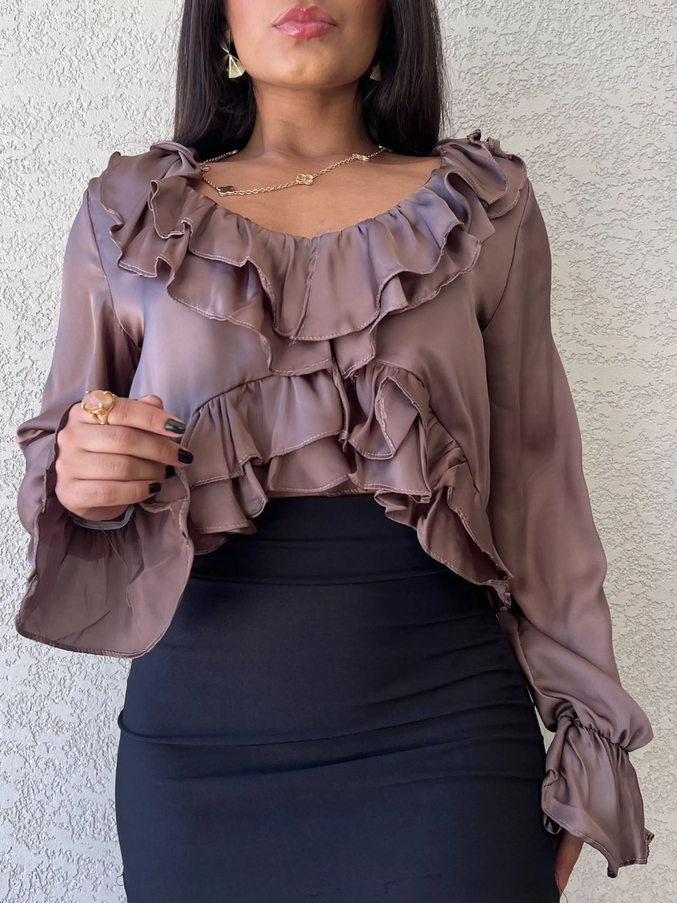 Camisa manga longa com babados YY2878 ( cetim)