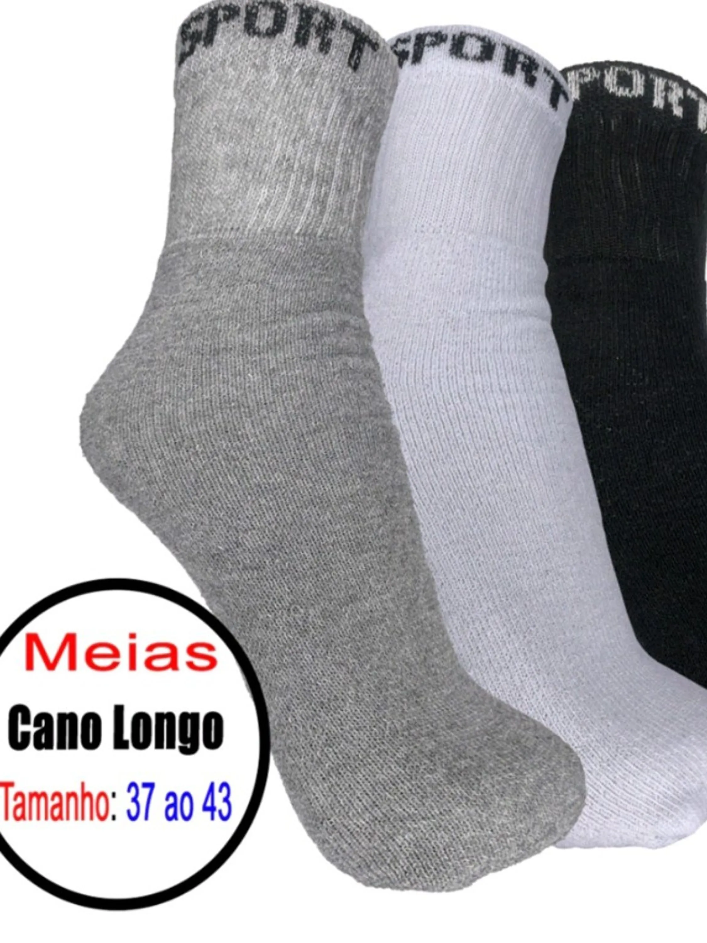 Kit com 12 pares Meia cano longo unissex algodão tamanho único veste até o 47 cores variadas conforme a disponibilidade da loja