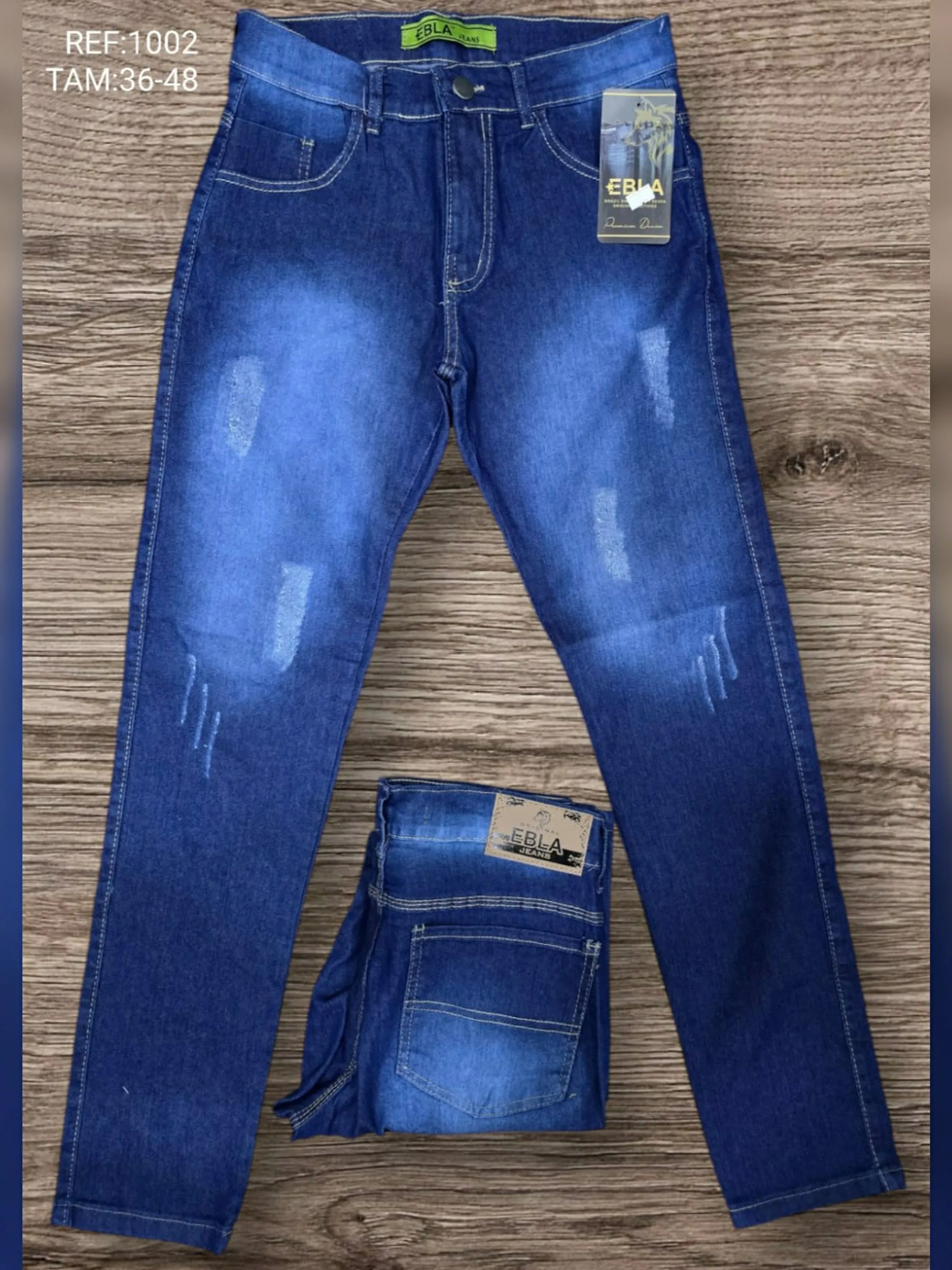 Calça jeans masculino azul médio com detalhes 1002