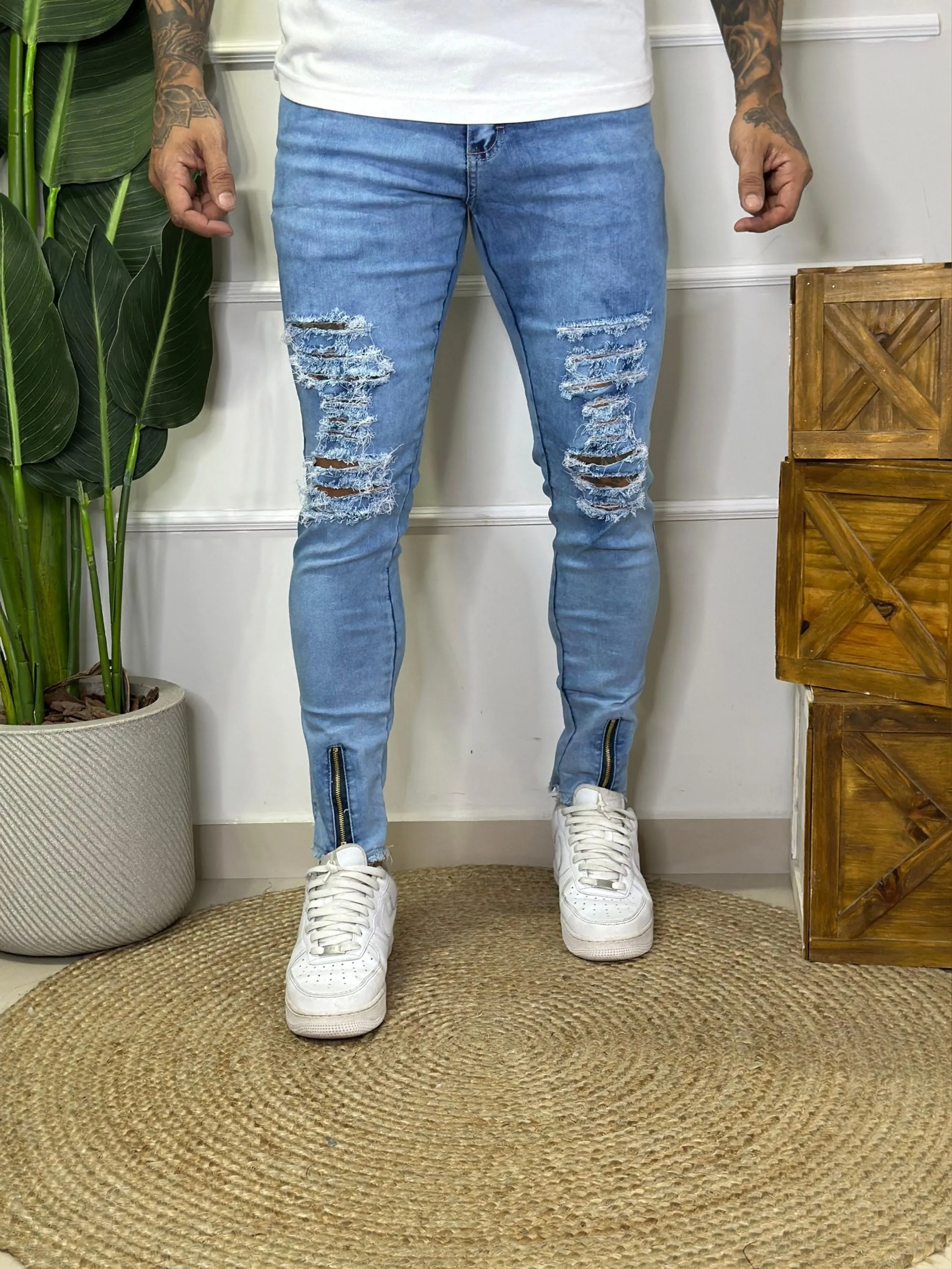 Calça masculina jeans skinny destroyd