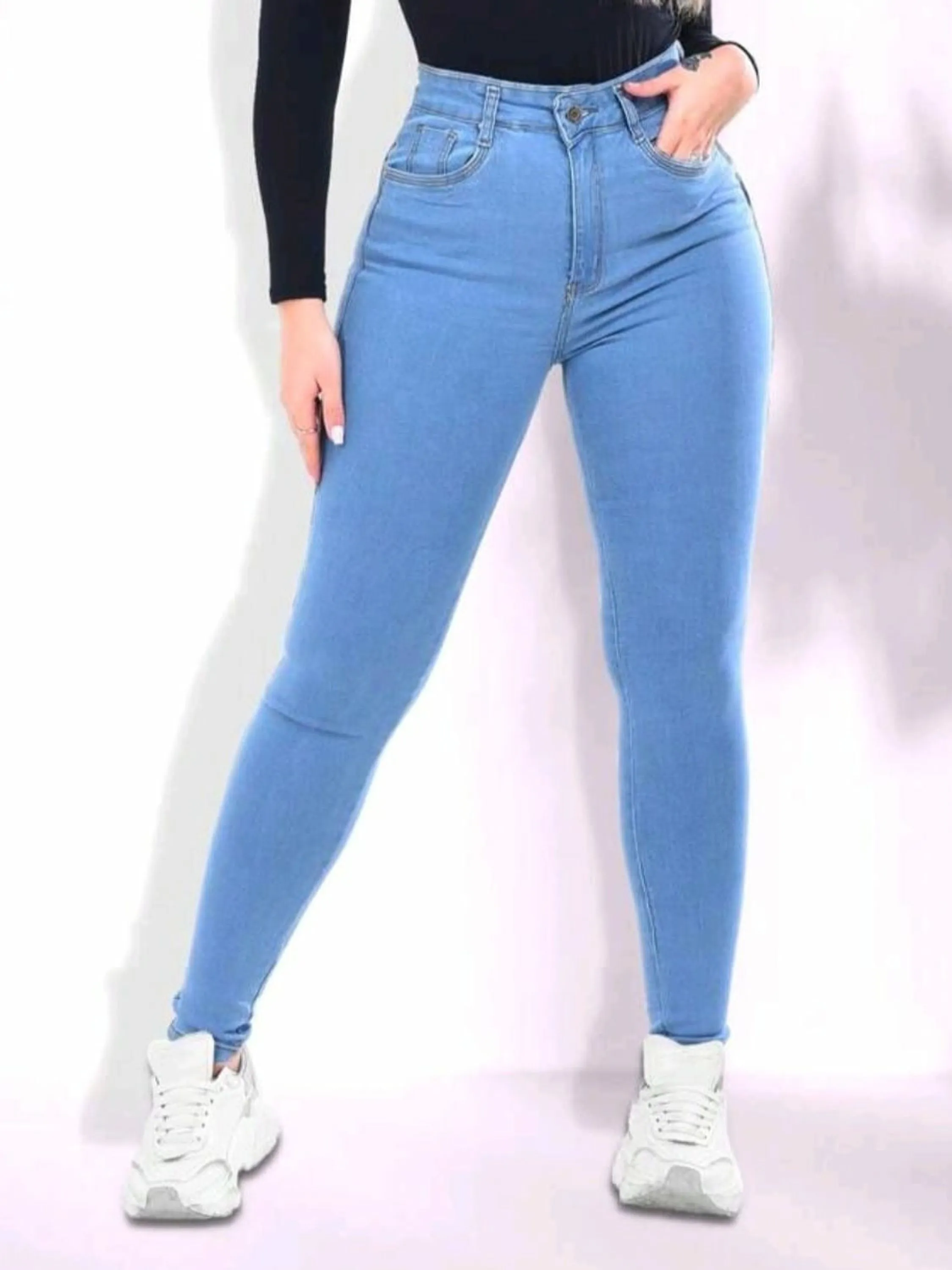 Calça jeans clara feminina skinny cintura alta