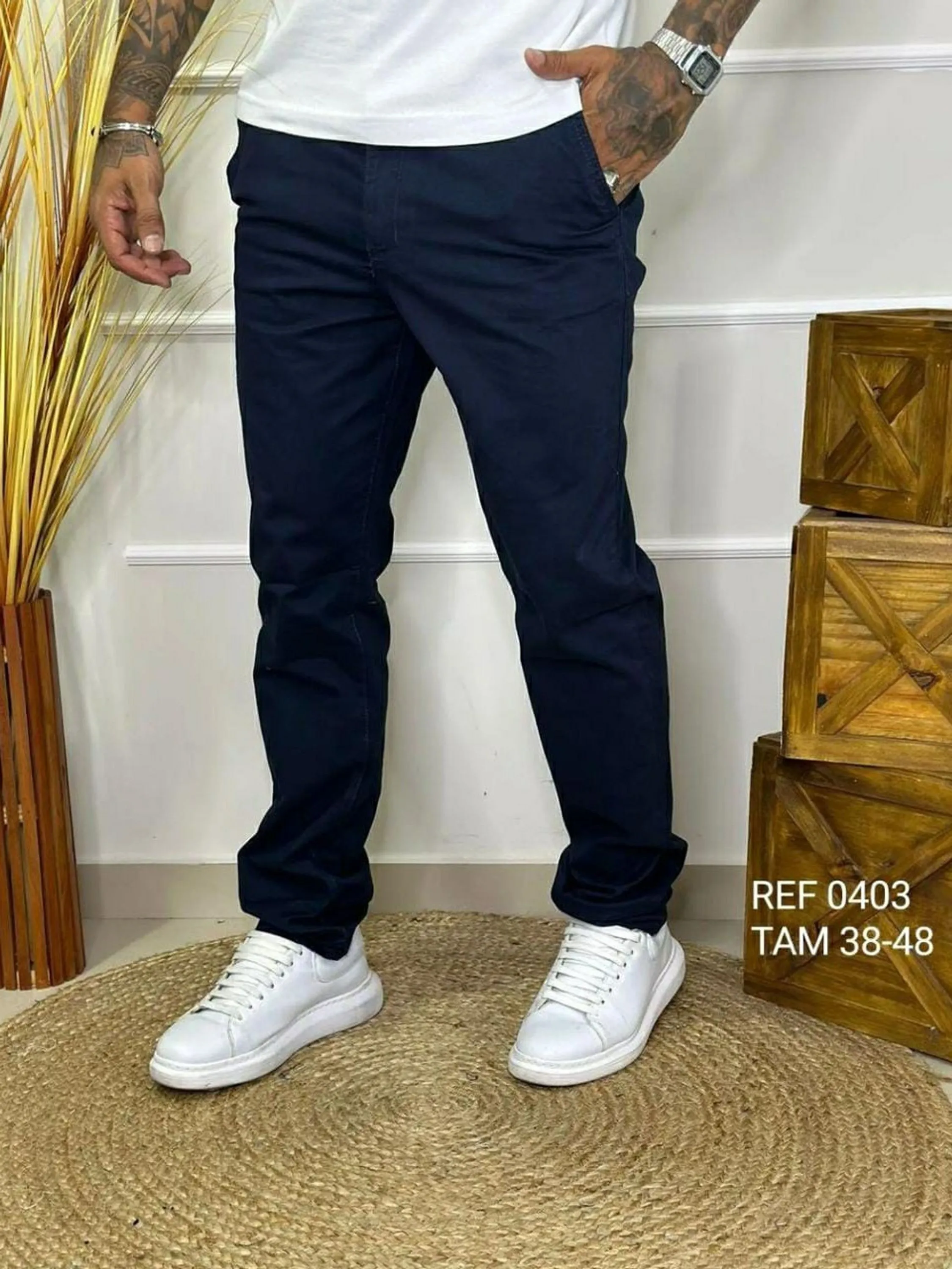 Calça sarja azul marinho bolso faca com bolso embutido atrás 2426