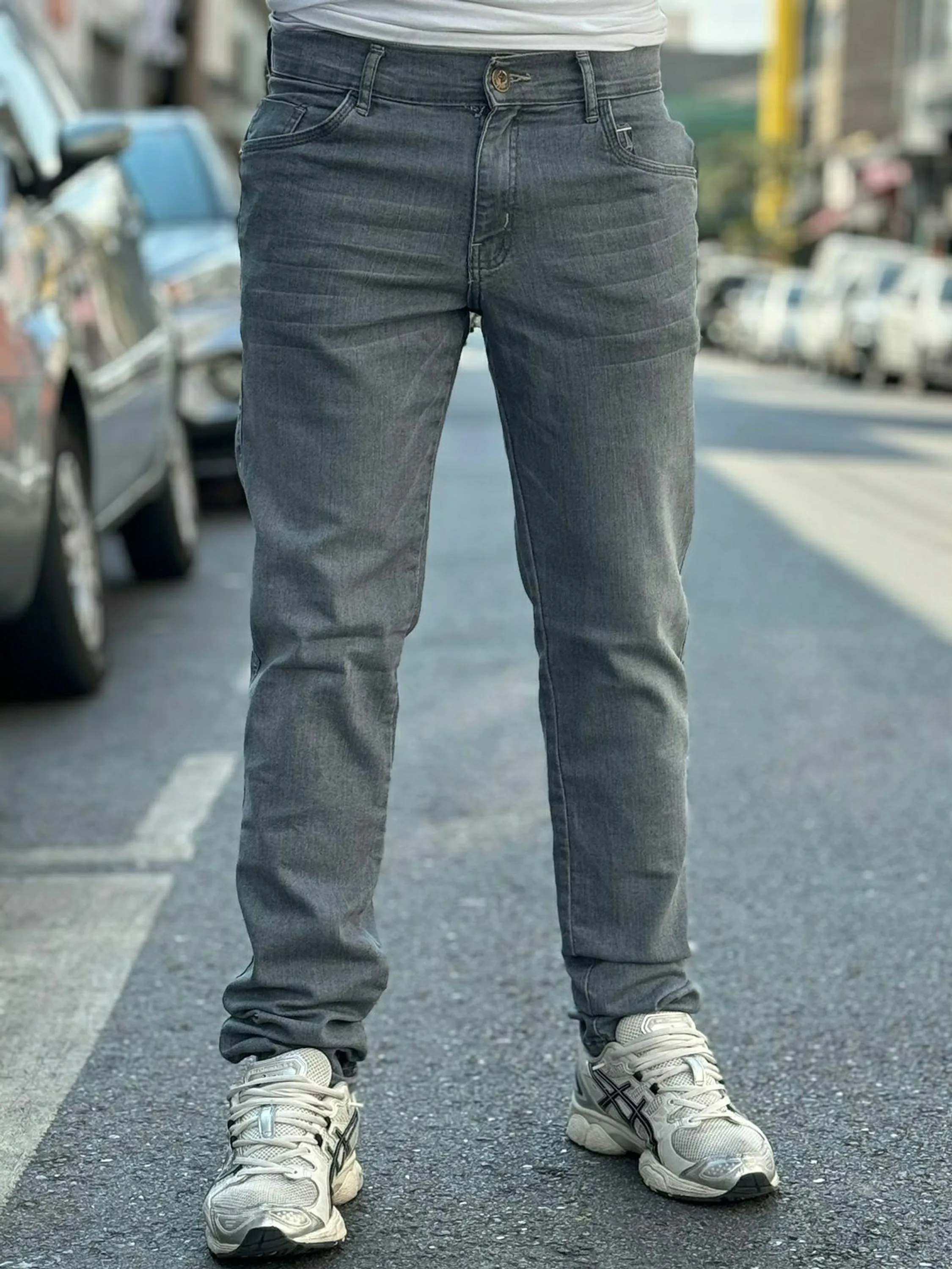 Calça jeans masculino premium slim cinza