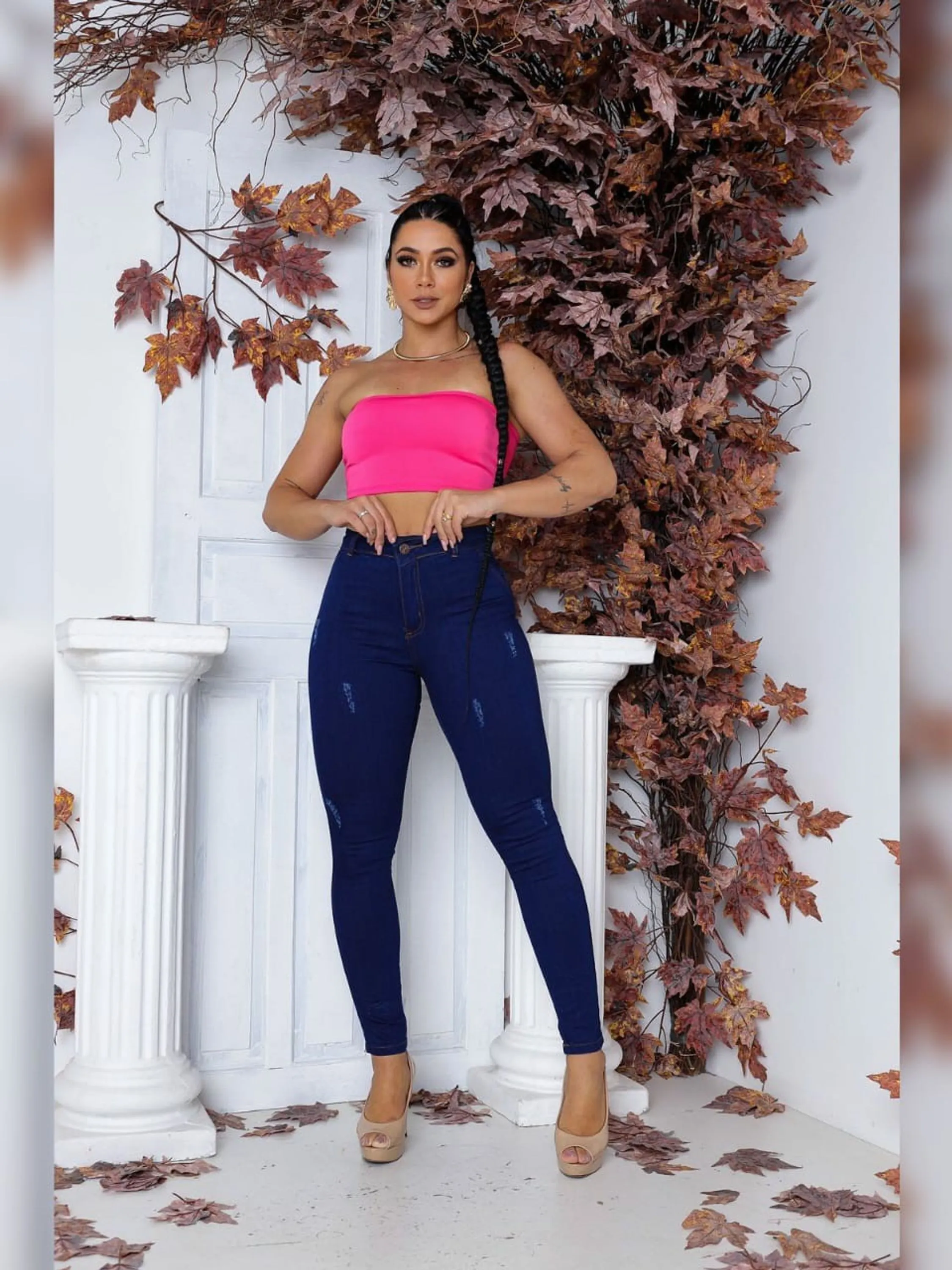 Calça jeans feminina azul jeans detalhes 2455