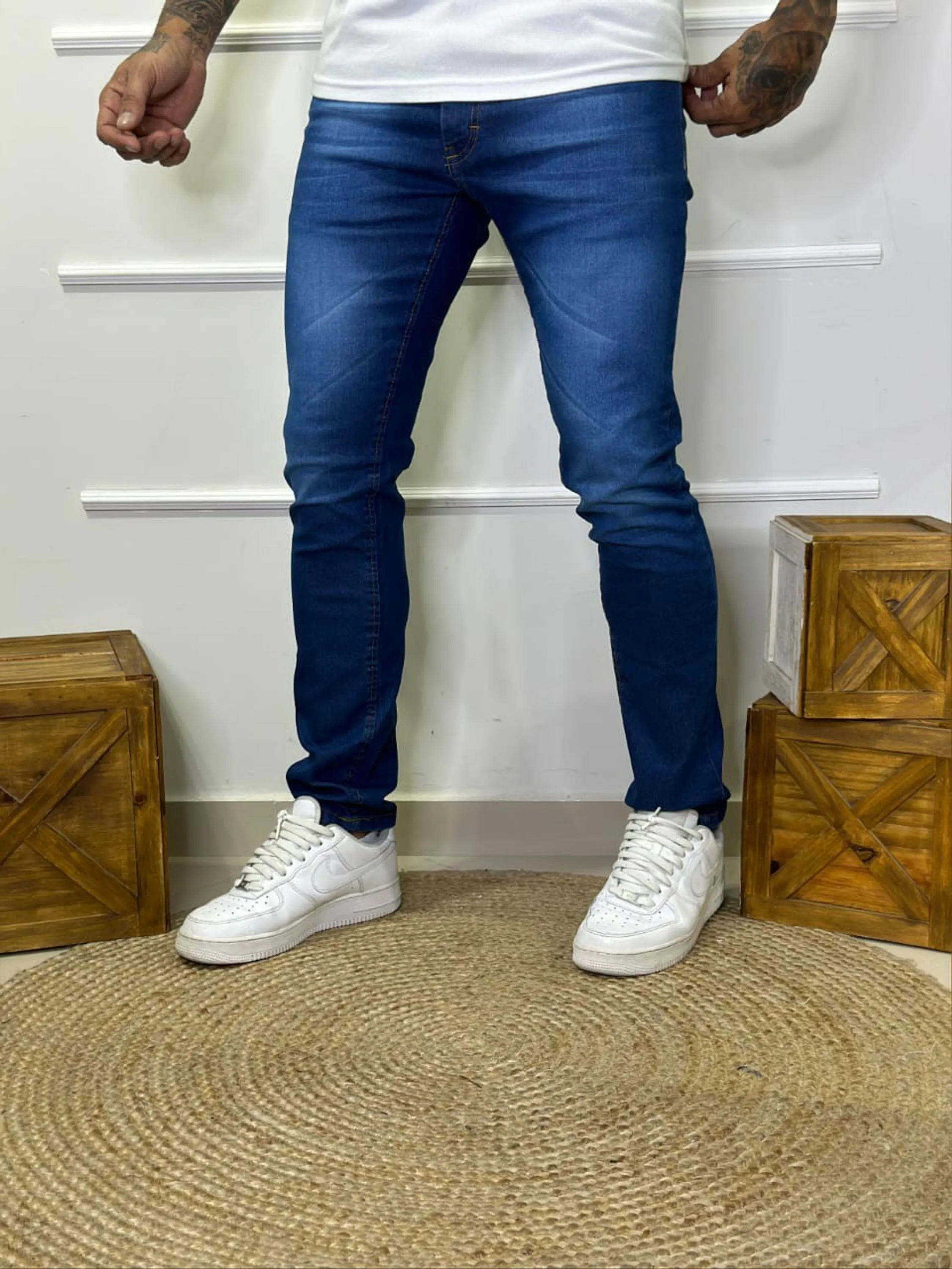 Calça azul jeans Premium masculino slim com detalhes